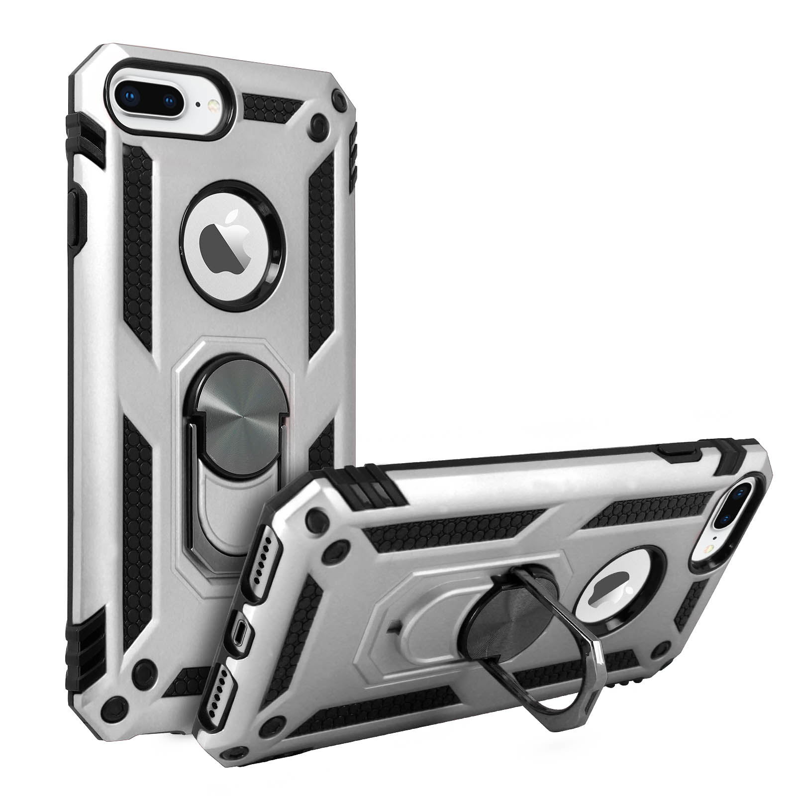 Twee zilveren telefoonhoesjes met zwarte accenten en een ringstandaard. Eén staat, één is gekanteld.