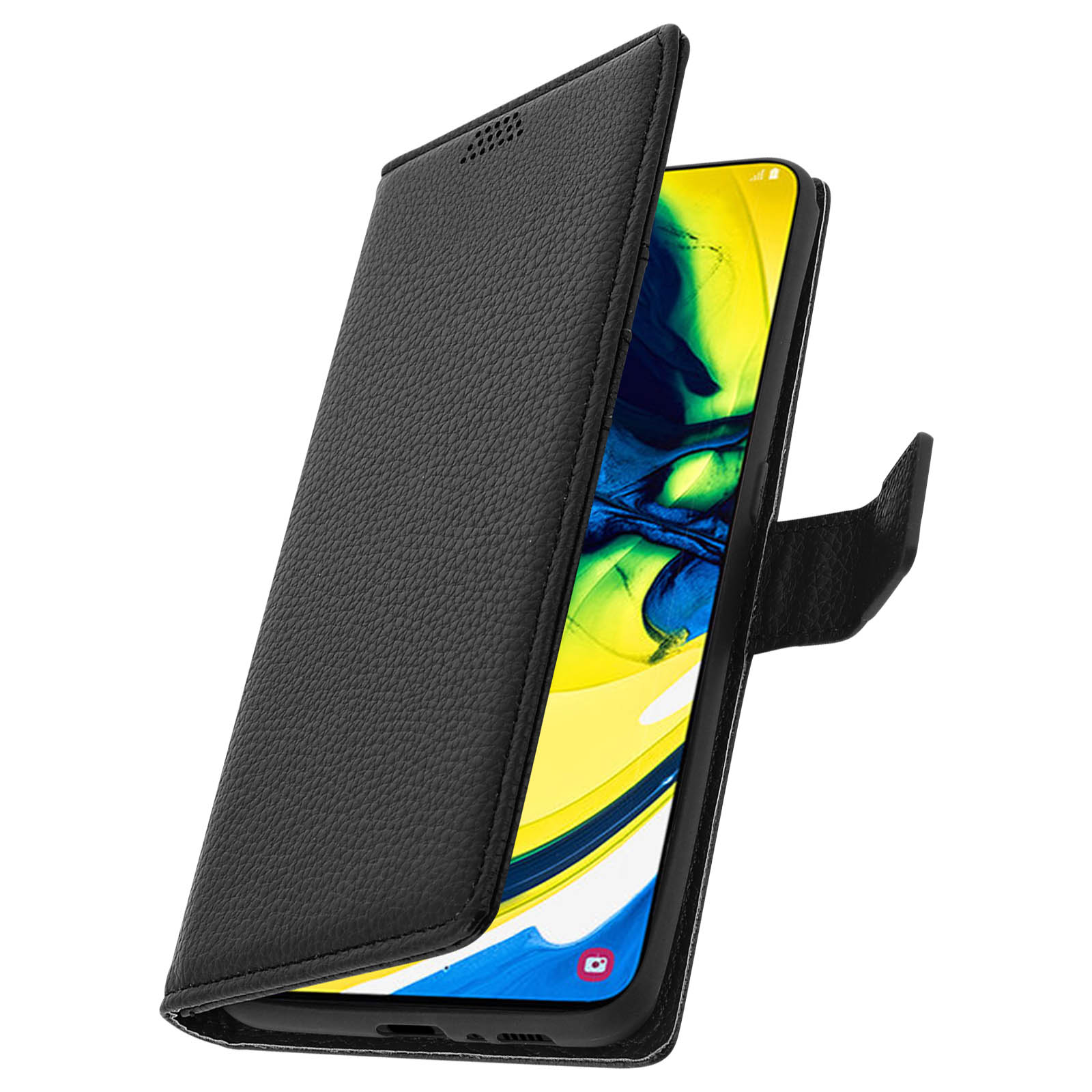 Un telefono nero in una custodia in pelle nera, aperto. Lo schermo del telefono è visibile con uno sfondo giallo.