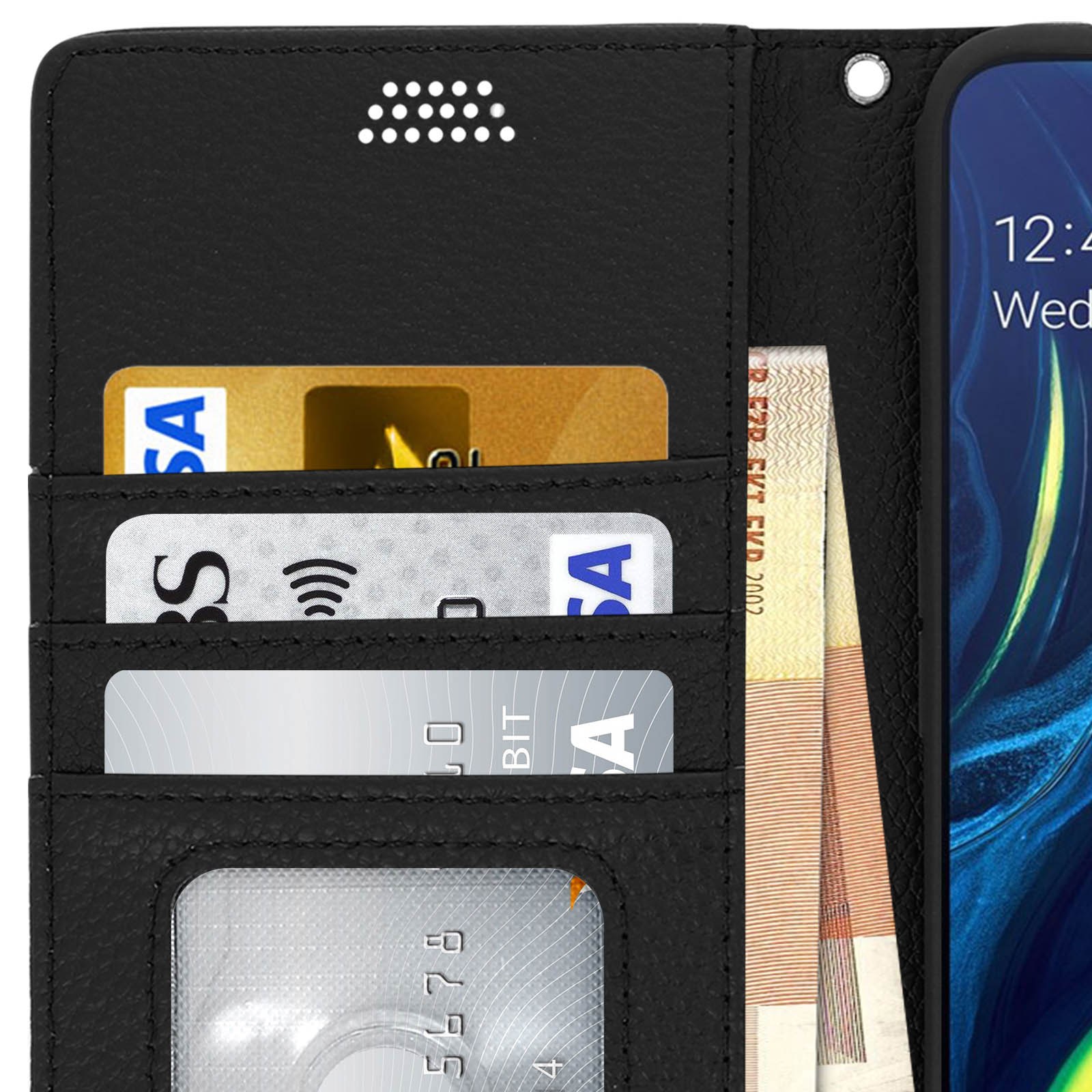 Primo piano di una custodia con carte e contanti. Lo schermo del telefono è visibile.