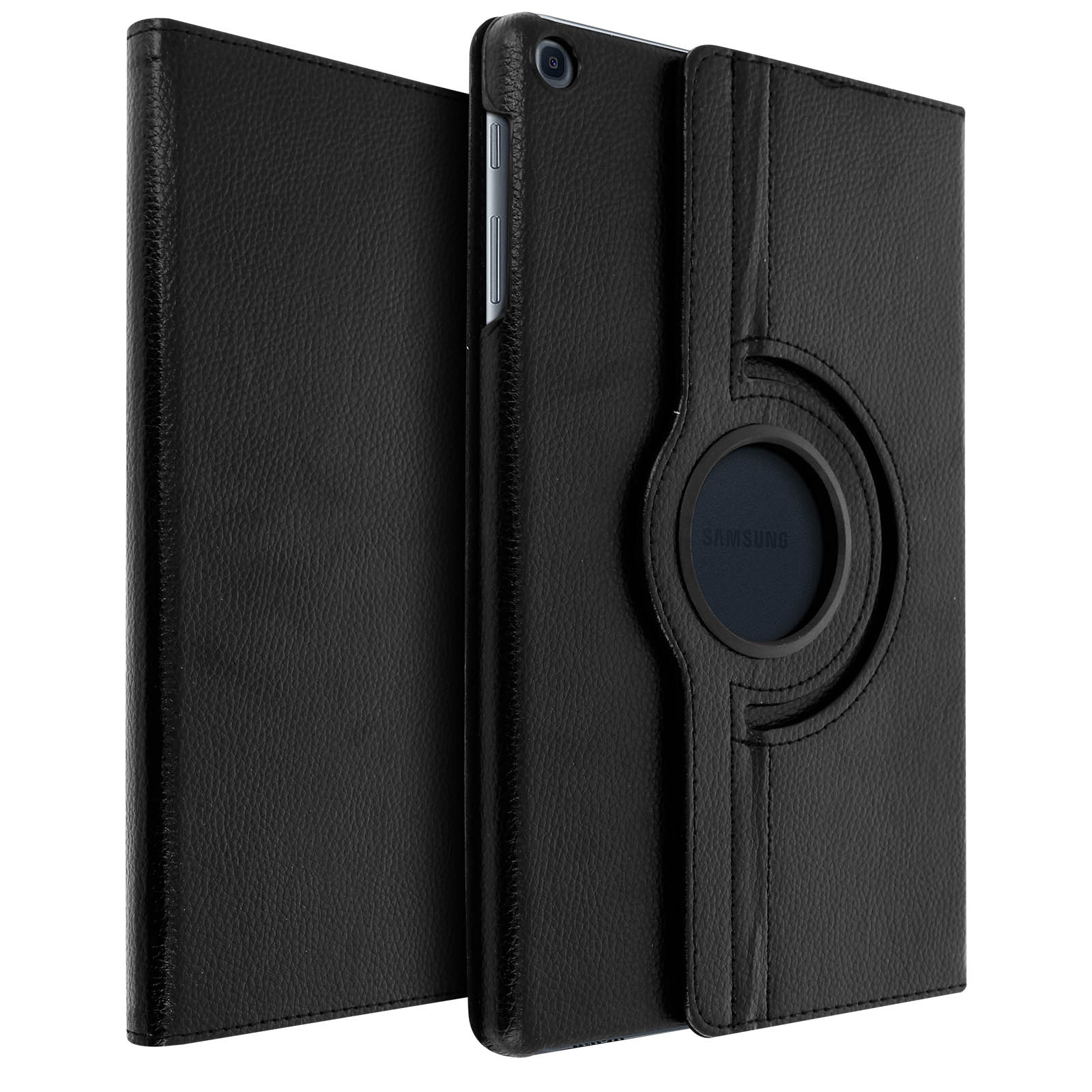 Funda negra para tableta, cerrada y abierta. Lado abierto muestra la tableta, cuero negro.