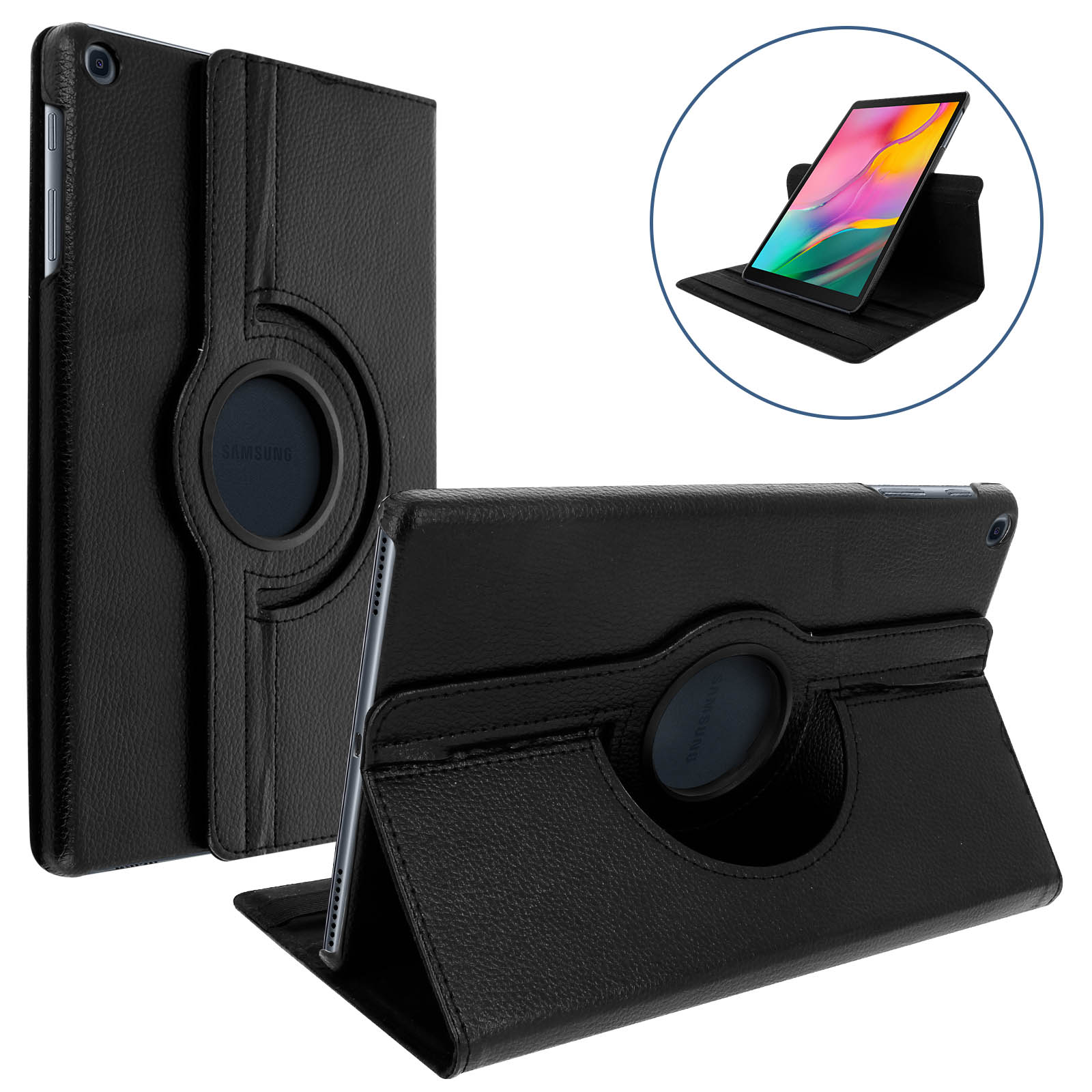 Una funda negra para tableta con soporte giratorio. La funda tiene textura de cuero y un logo Samsung.
