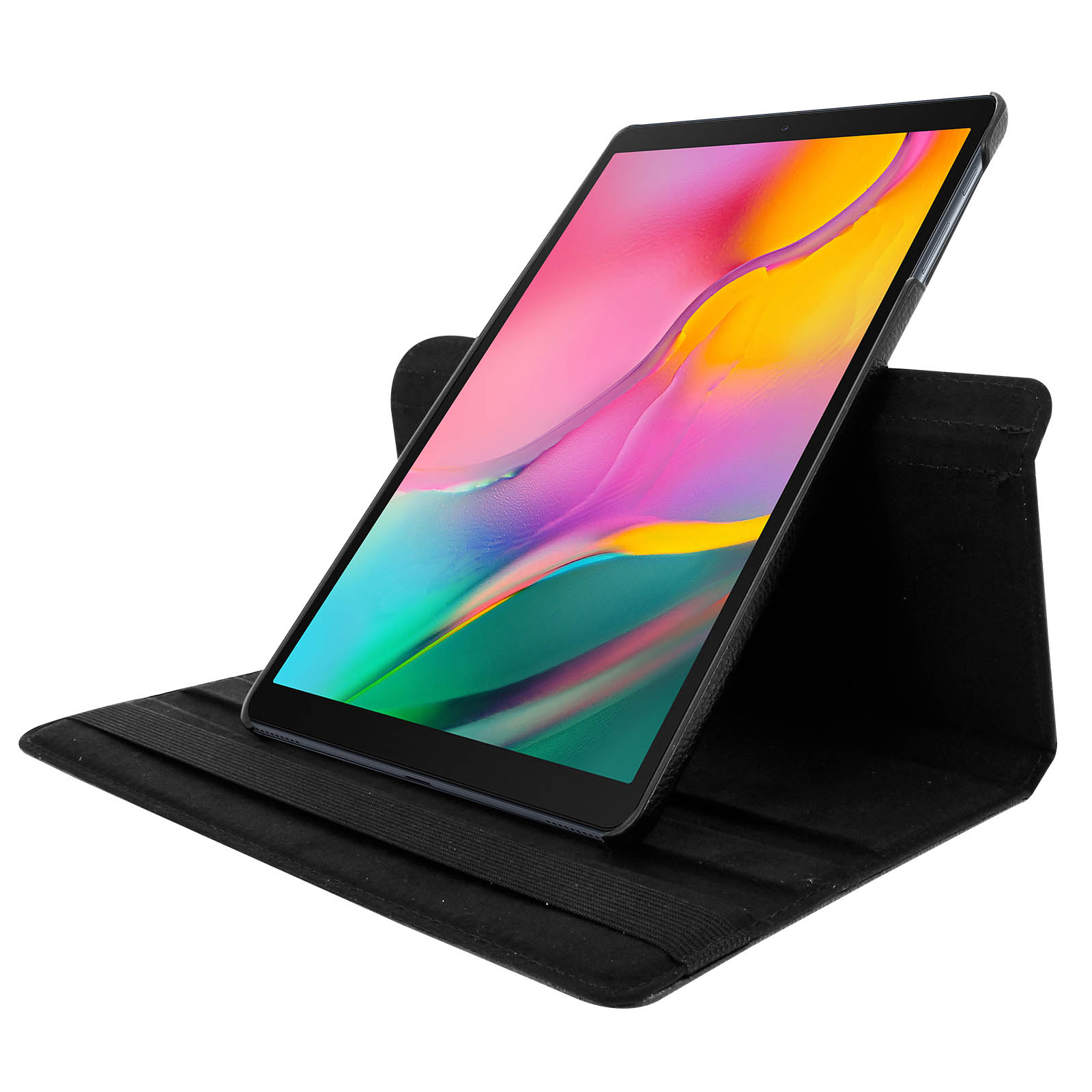 Tableta en una funda negra. La tableta está en un soporte negro. Fondo blanco.