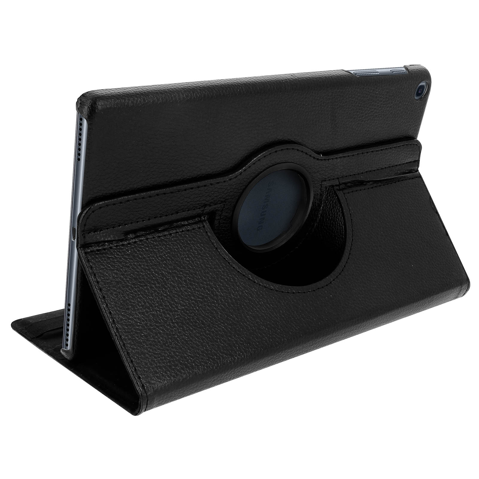 Funda de tableta negra con función de soporte. La tableta está dentro, y el fondo es blanco.