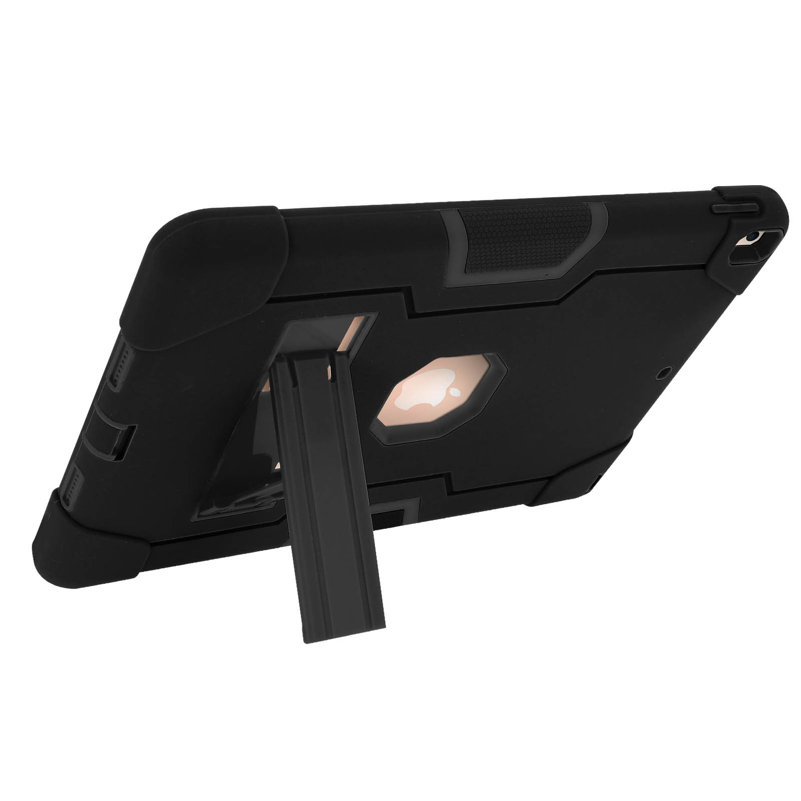Schwarze Tablettasche mit Ständer. Die Tasche ist robust.