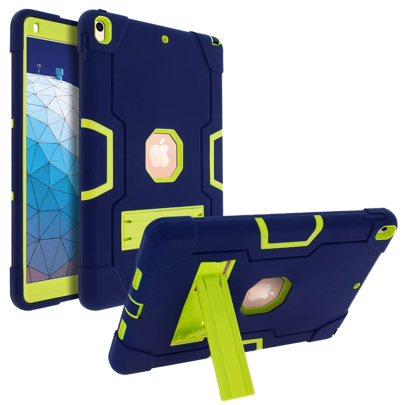 Drei Ansichten einer Tablet-Hülle, marineblau mit limettengrünen Akzenten und Ständer.