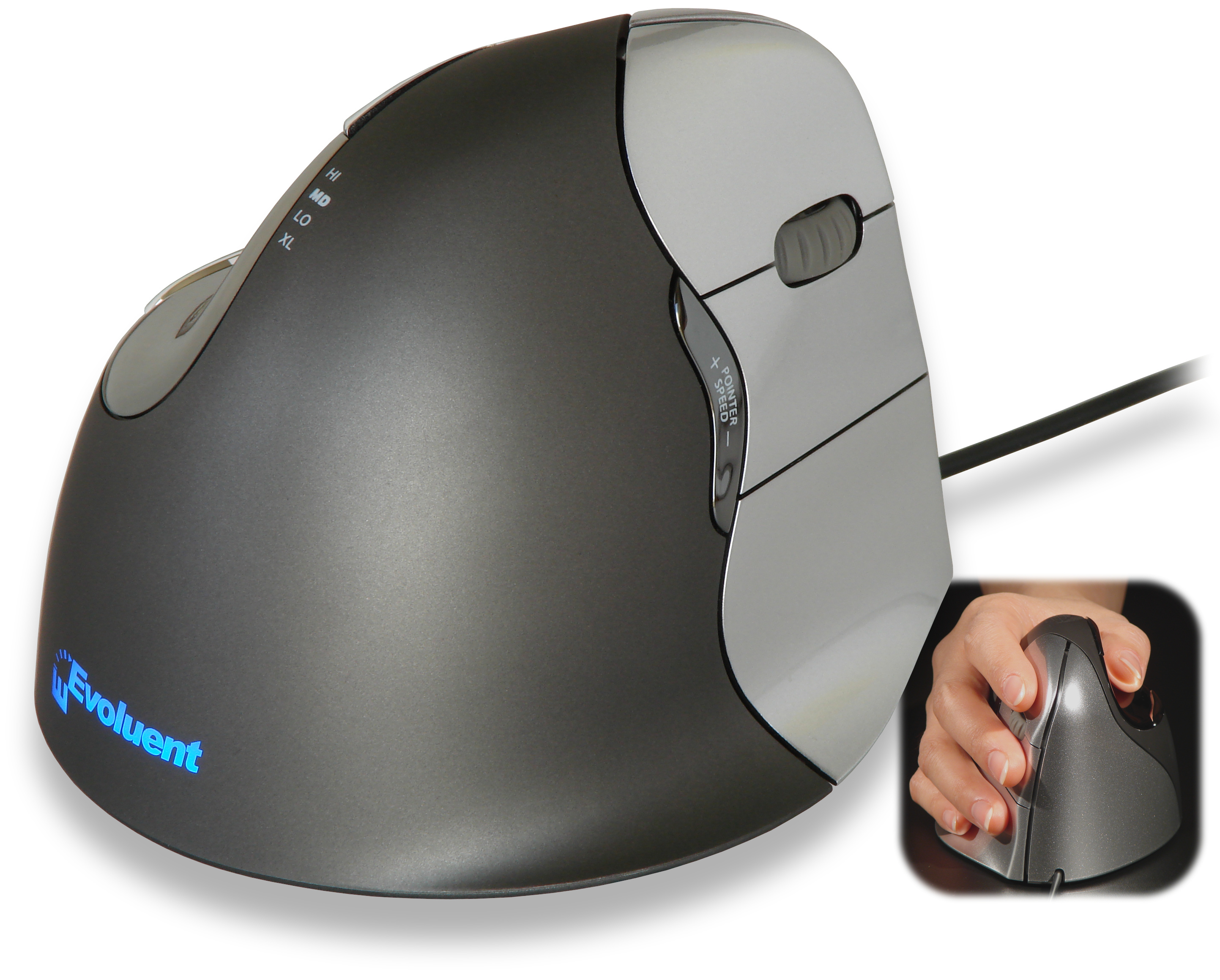 Eine ergonomische Maus in Grautönen mit Hand- und Fingerdetails.