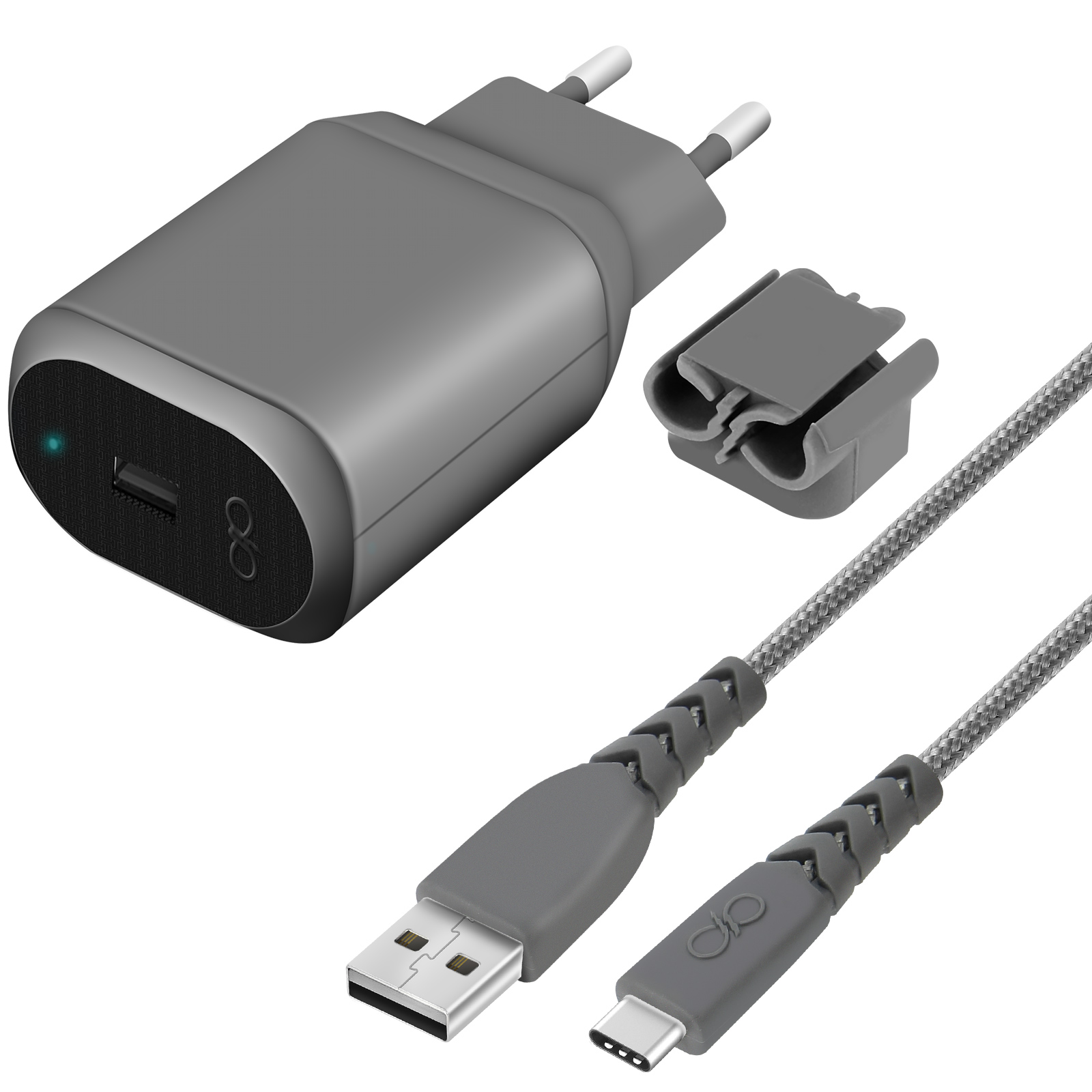 Graues Ladegerät, Ladekopf und Kabelsatz mit USB- und USB-C-Anschlüssen.