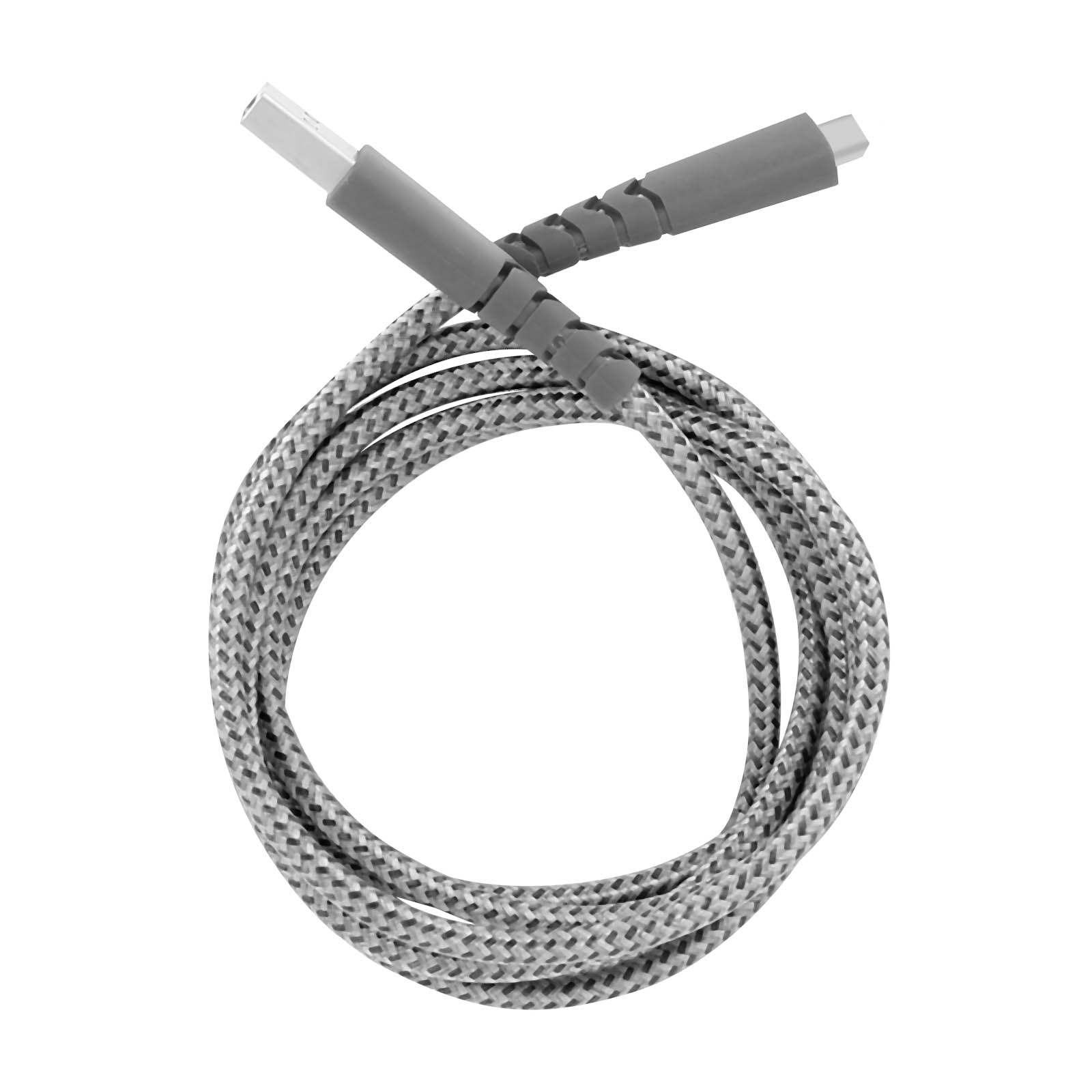Gewickeltes, grau-weiß geflochtenes USB-Kabel mit grauen Steckern an beiden Enden.