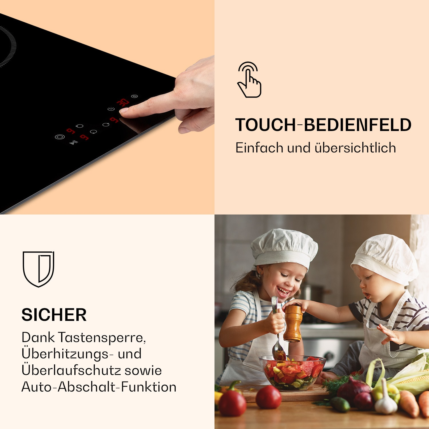 Piano cottura a induzione nero con comandi touch, una mano lo tocca e due bambini preparano il cibo.