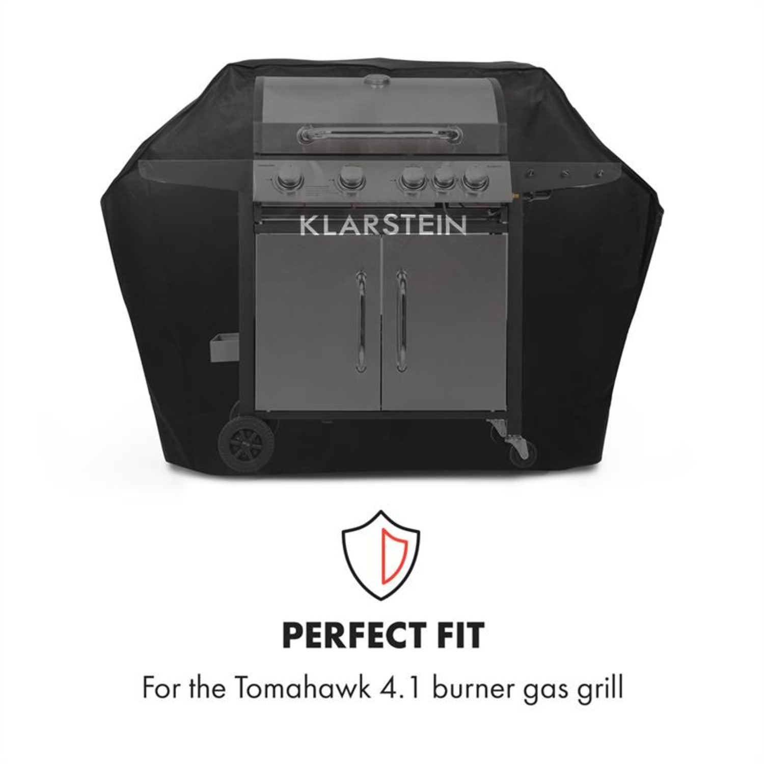 Schwarzer Grill mit schwarzer Abdeckung und Text „Perfect Fit“ mit einem Schildsymbol.