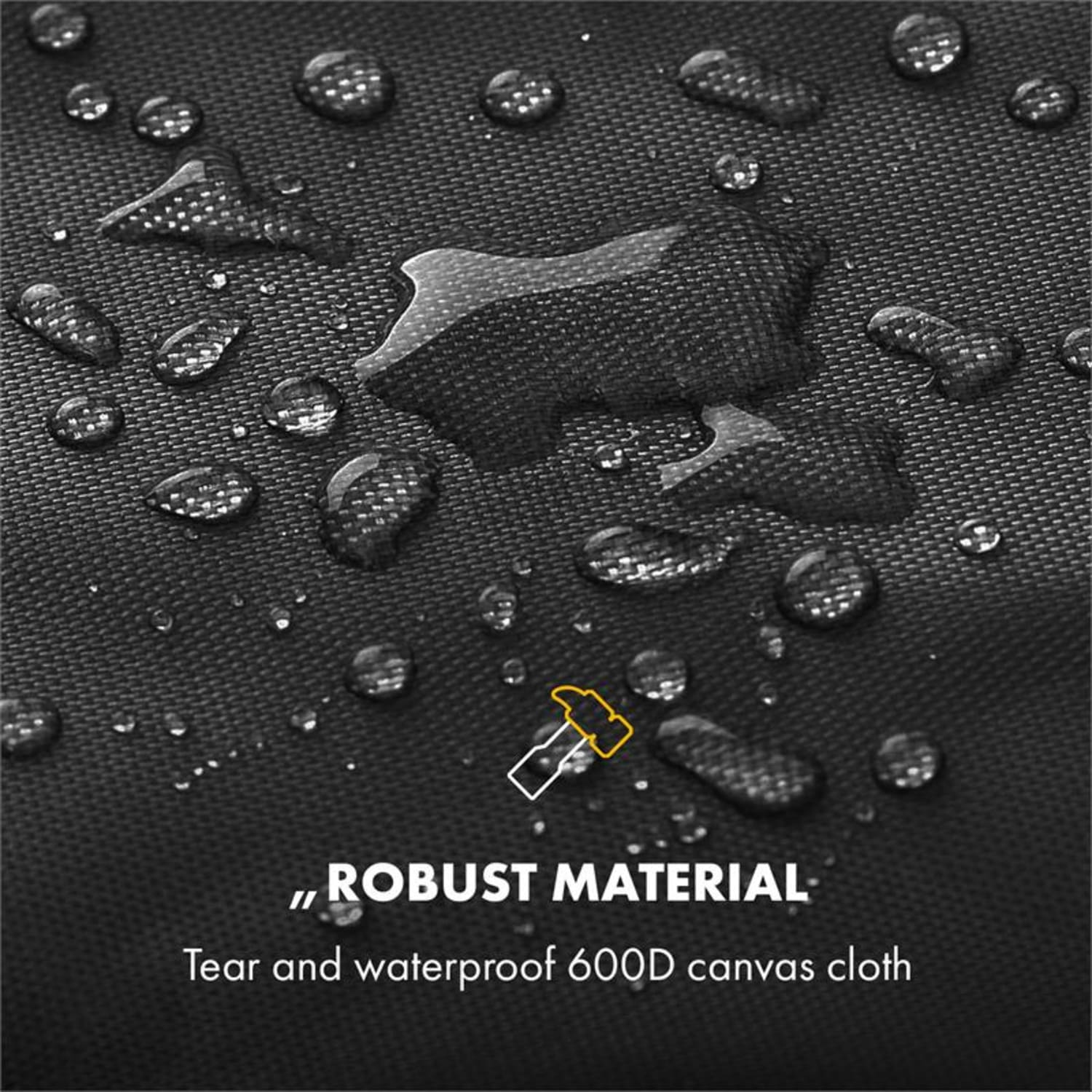 Schwarzes Canvas-Material mit Wassertropfen und dem Text 'ROBUST MATERIAL'.