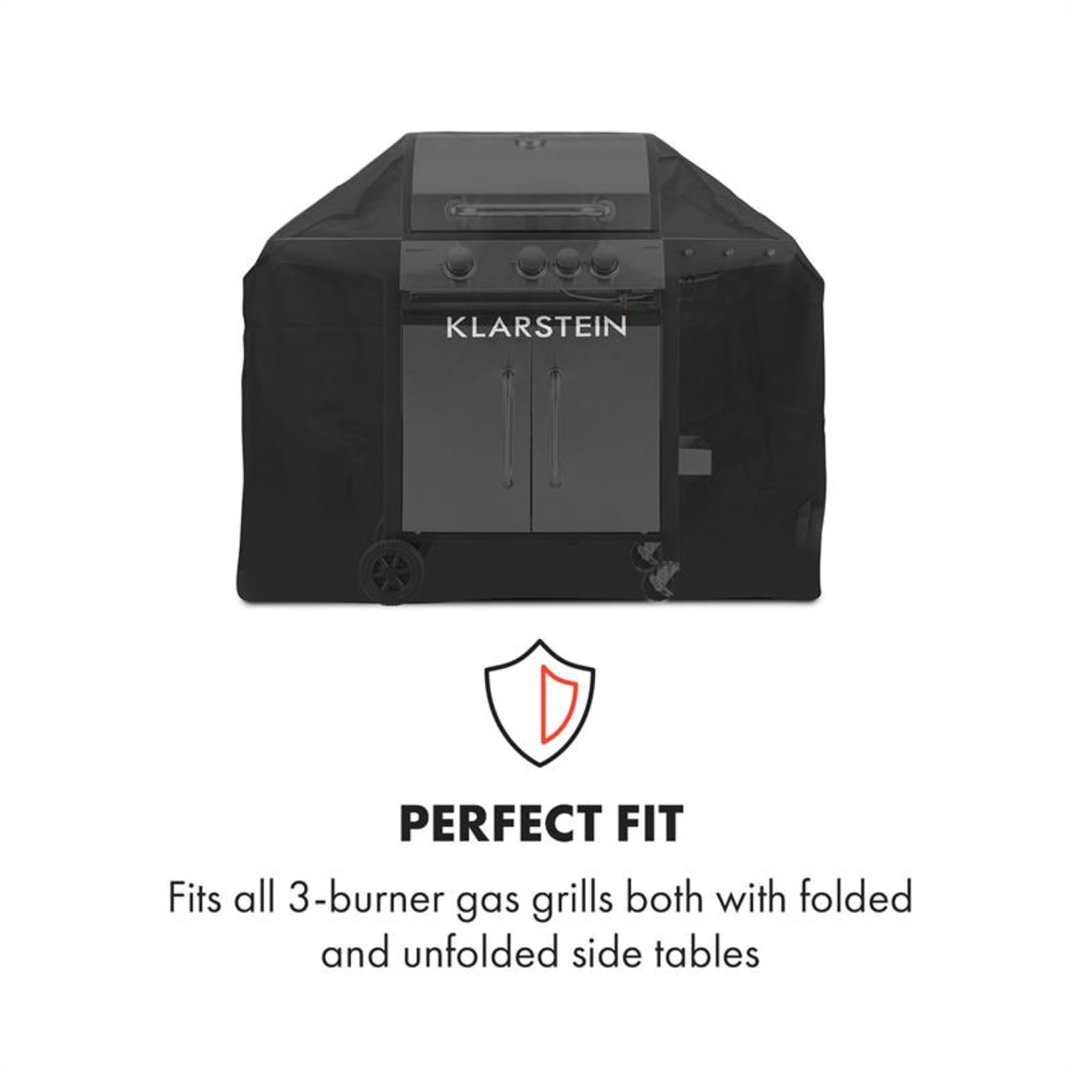 Schwarze Grillabdeckung über einem Grill. Text lautet 'Perfect Fit'.