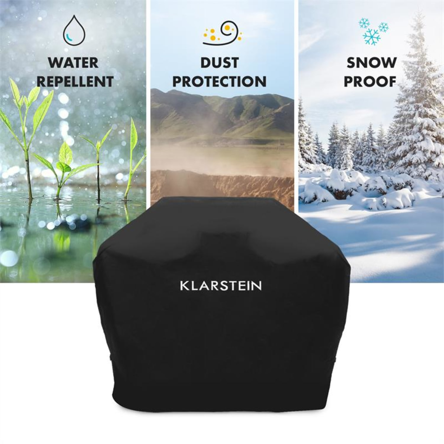 Schwarze Abdeckung mit Wasser-, Staub- und Schneeschutzsymbolen und Klarstein-Logo.