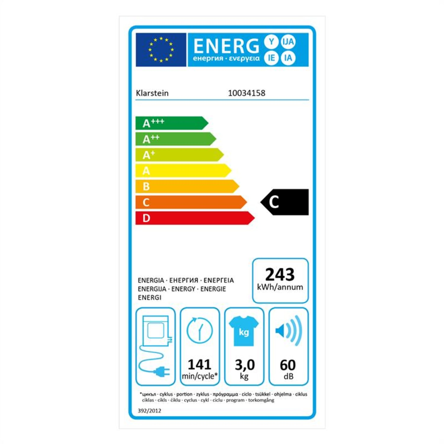 Energielabel mit Bewertungen und Zahlen für eine weiße Klarstein Waschmaschine.