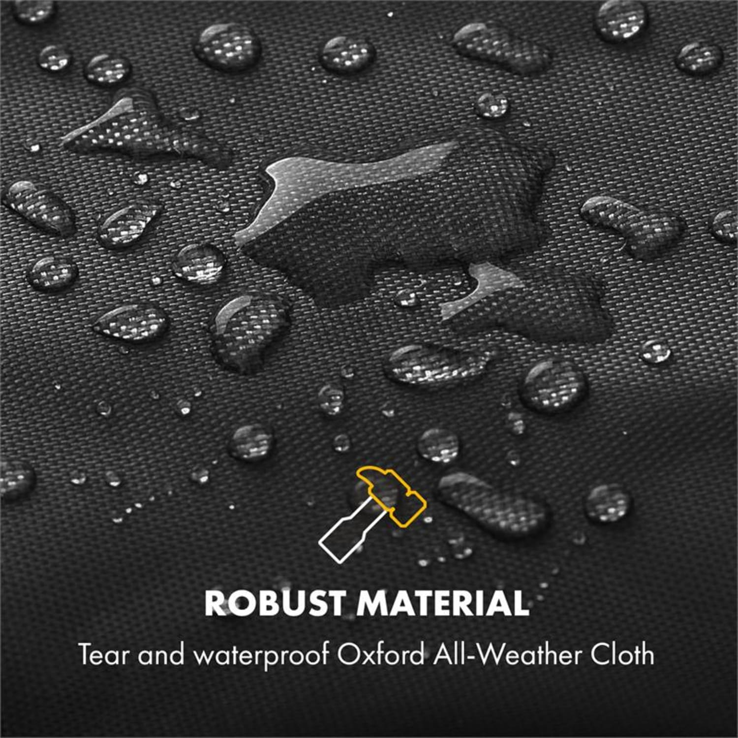 Schwarzes Tuch mit Wassertropfen und einem Text, der lautet: "ROBUSTES MATERIAL".