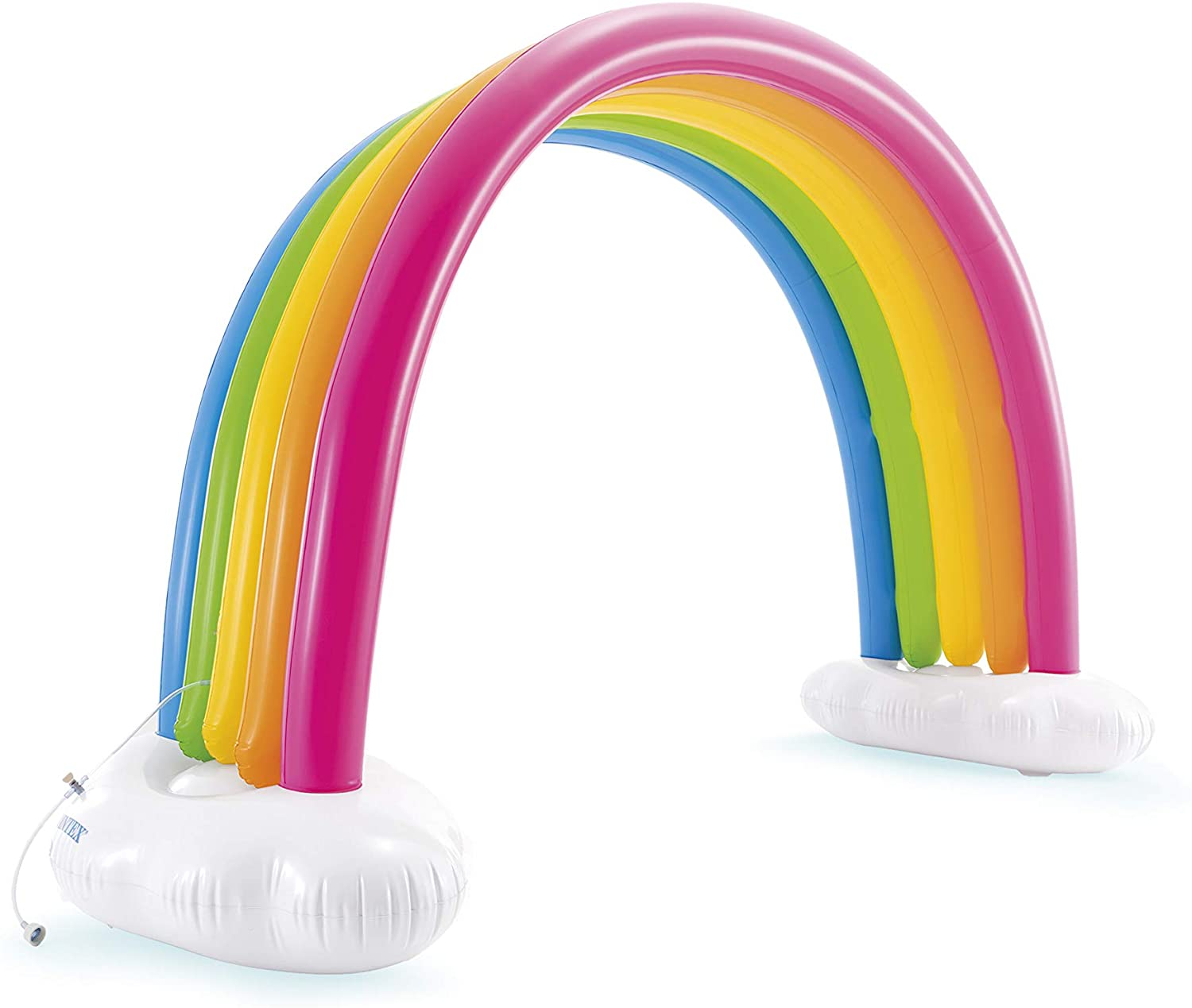 Aufblasbarer Regenbogenbogen mit bunten Streifen und weißen Wolken.