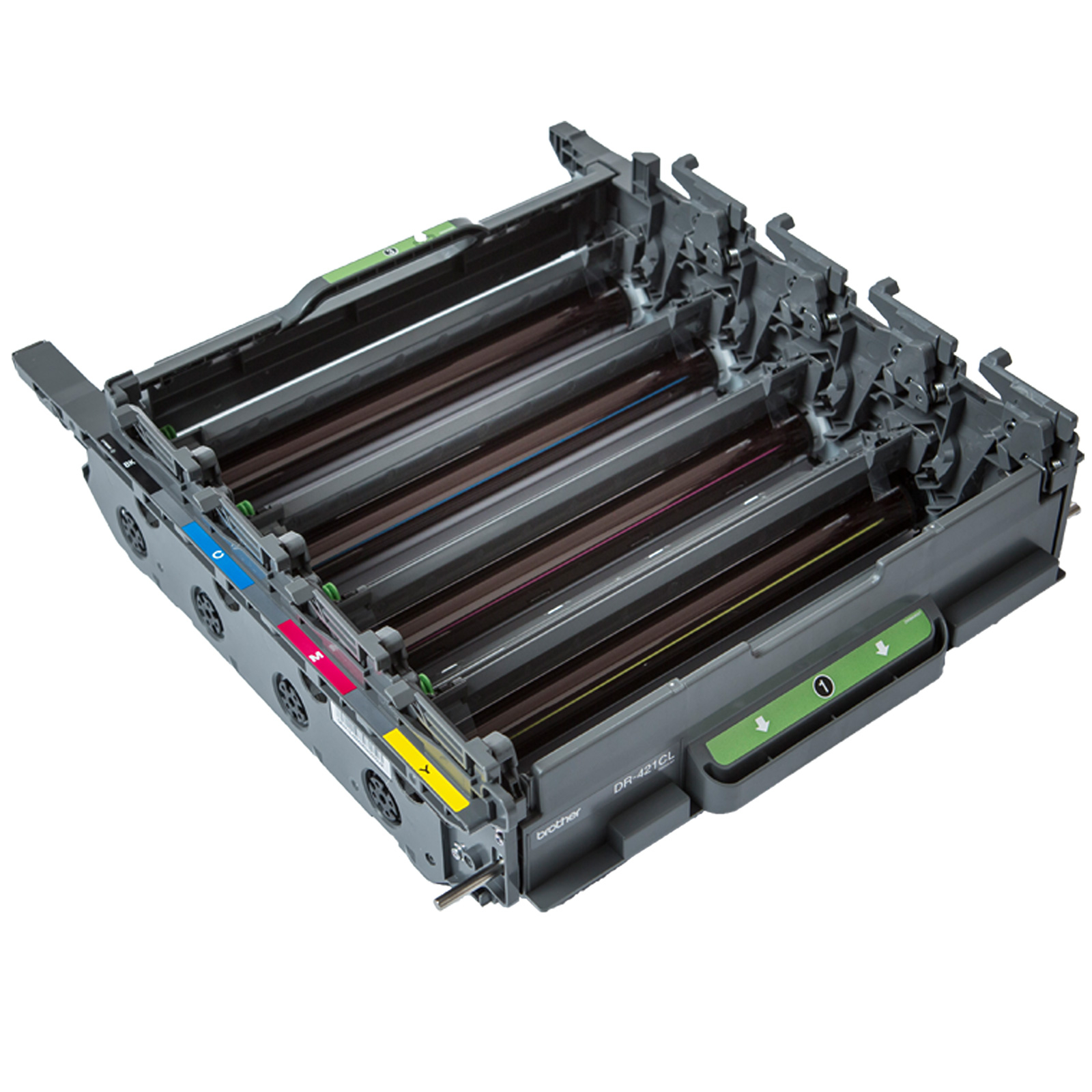 Część drukarki z wieloma kolorowymi wkładami. Widoczne są różne etykiety.