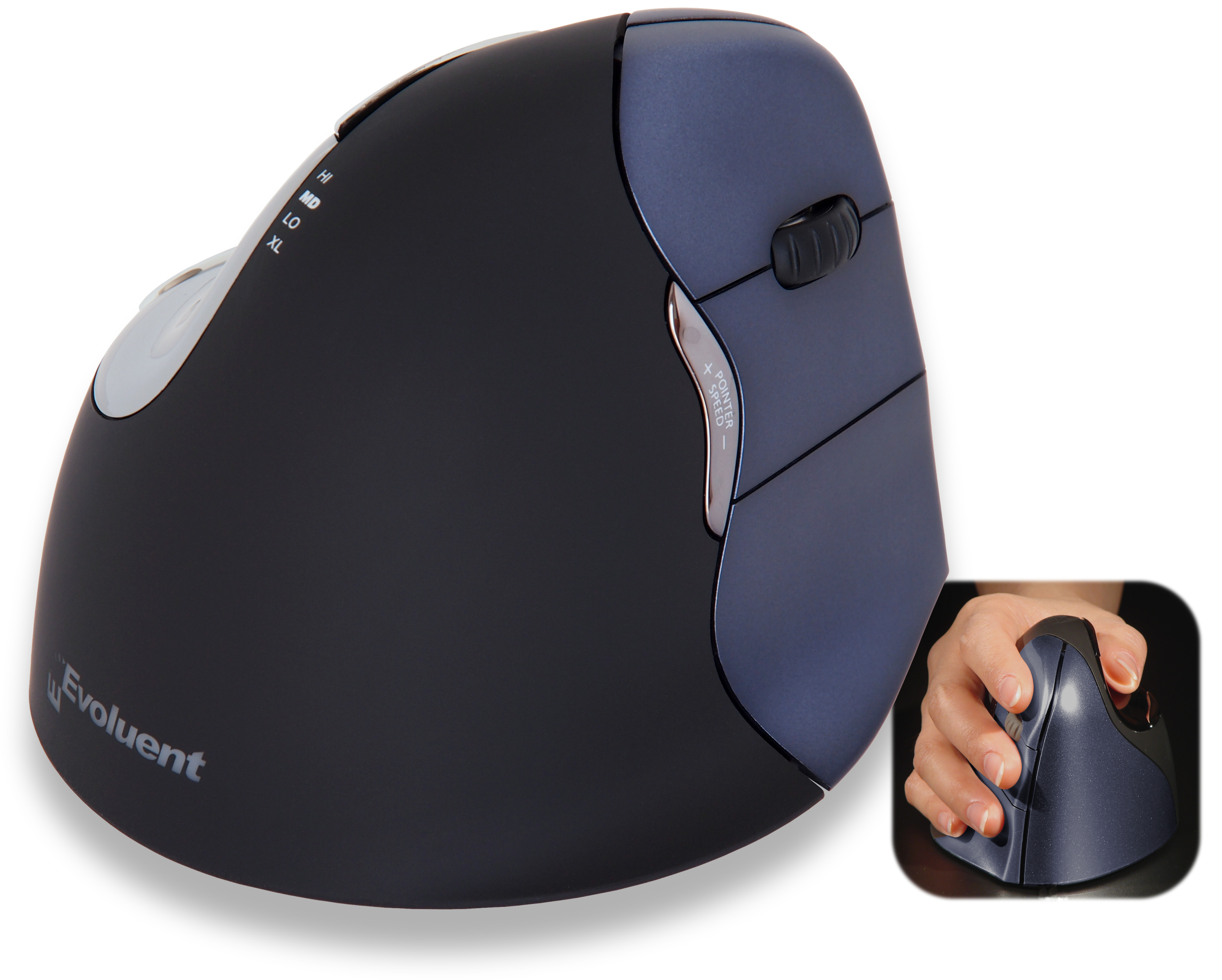 Ergonomische Maus mit schwarzem Gehäuse, blauen Akzenten und einer Hand, die sie benutzt.