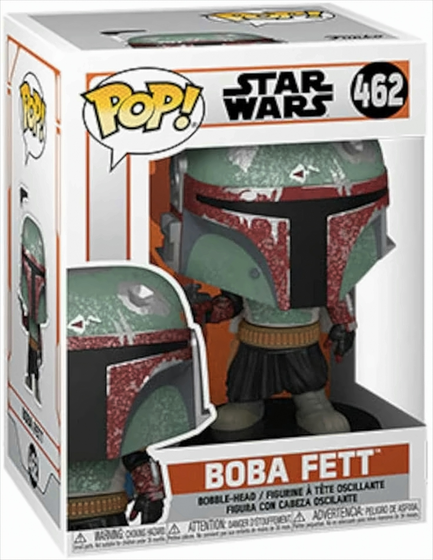 Scatola Funko Pop di Boba Fett. Tema Star Wars. Sfondo bianco.