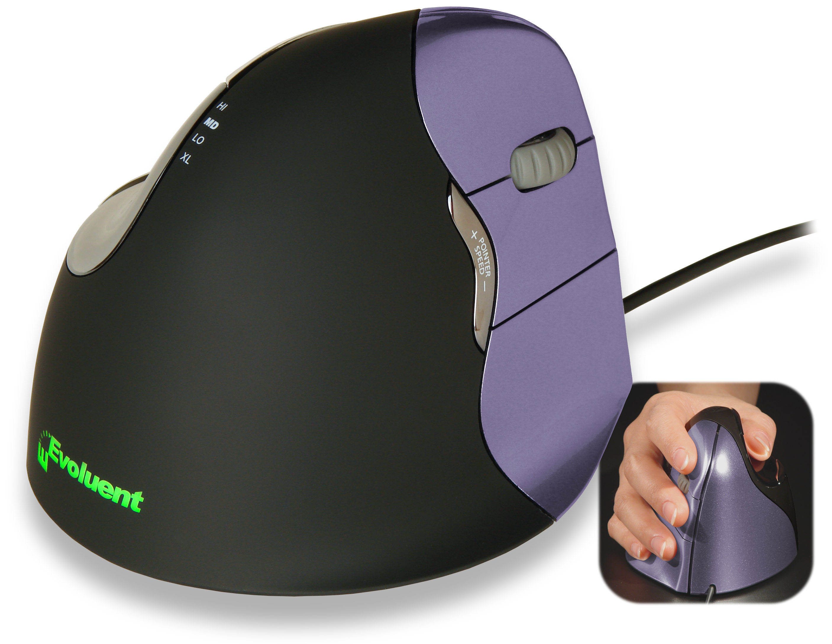 Black and purple ergonomic mouse. Hand inset in the corner.