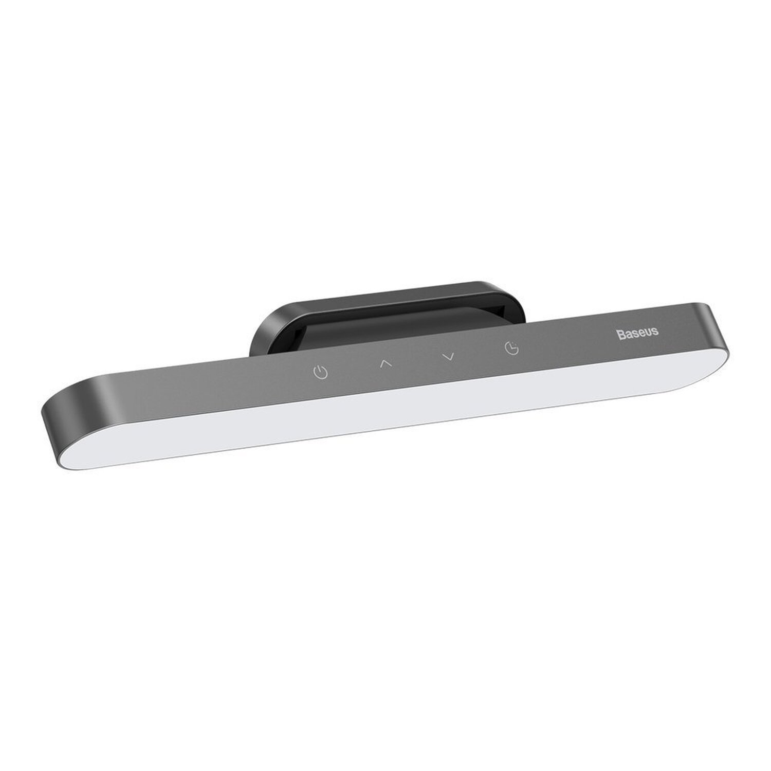 Een zilveren Baseus LED-lichtbalk, met knoppen en logo, tegen een witte achtergrond.
