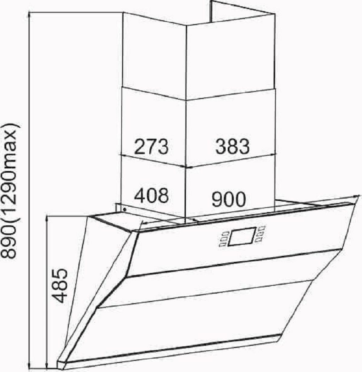 Diagramm einer Dunstabzugshaube mit Messungen und Abmessungen.