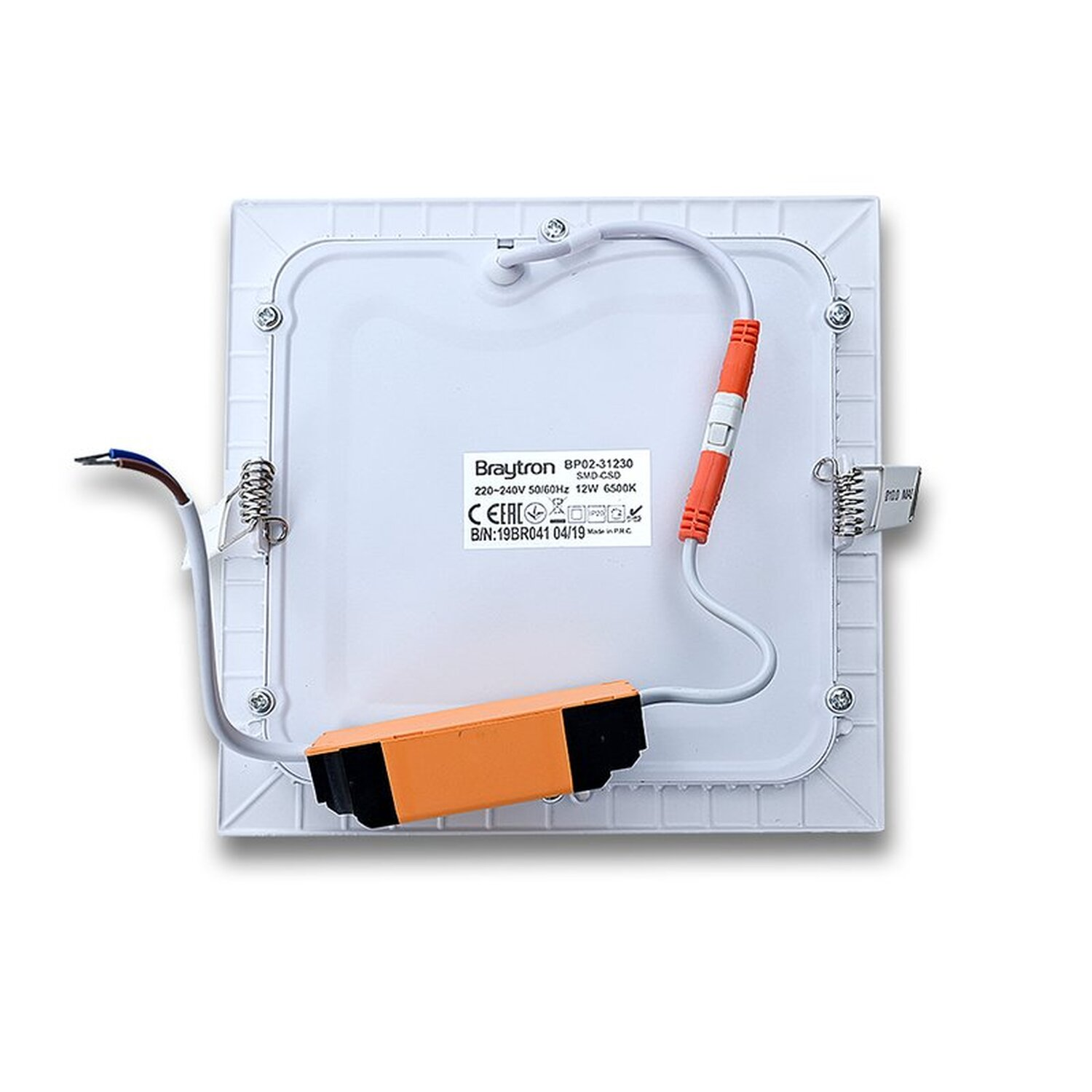 Quadratisches LED-Panel mit orangefarbener Verkabelung und Textetikett.