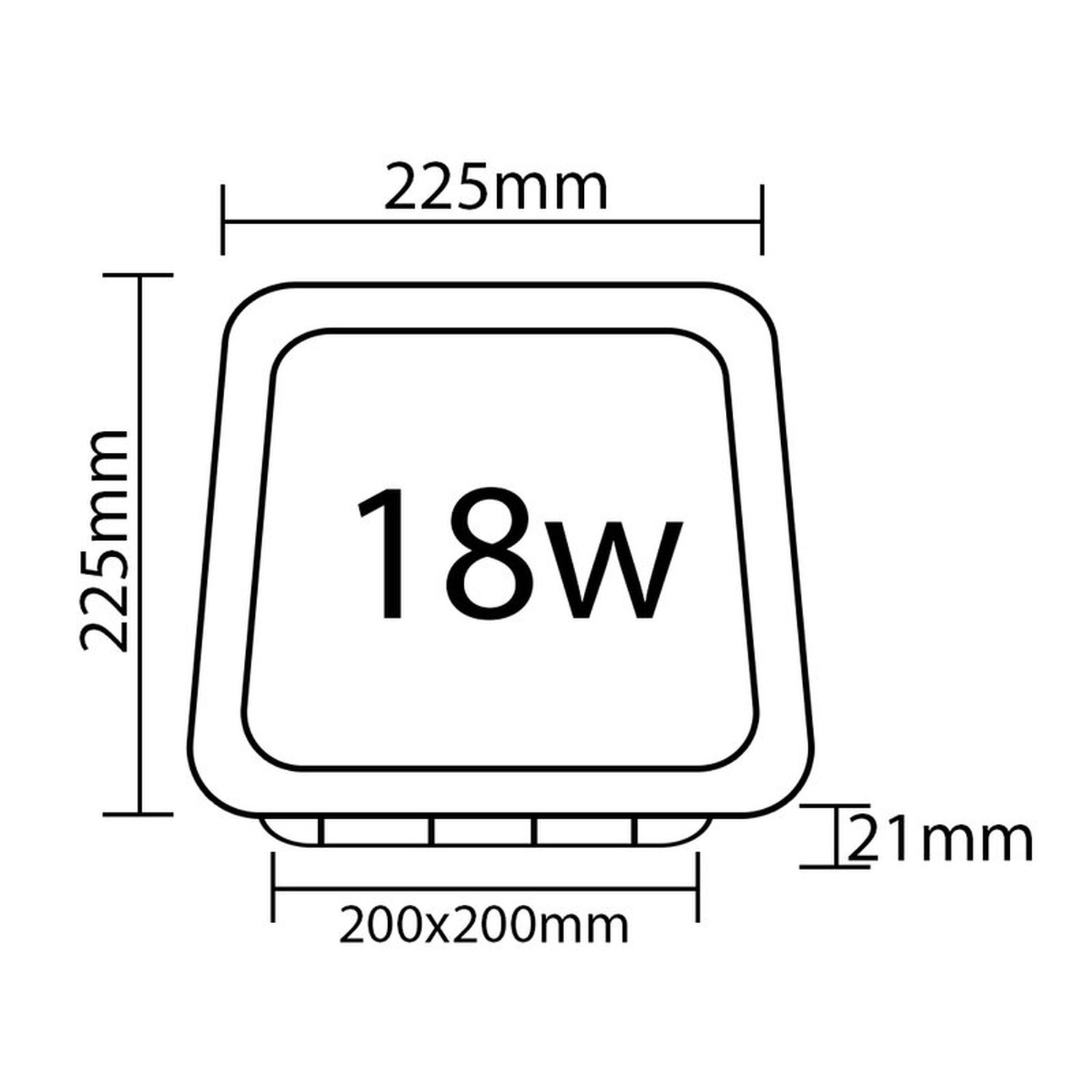 Ein weißes Quadrat mit den Abmessungen 225 mm x 225 mm. Text '18W' und Abmessungen sind angegeben.