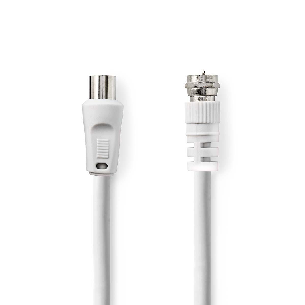 Dos cables coaxiales blancos con conectores blancos. Los cables están uno al lado del otro sobre fondo blanco.