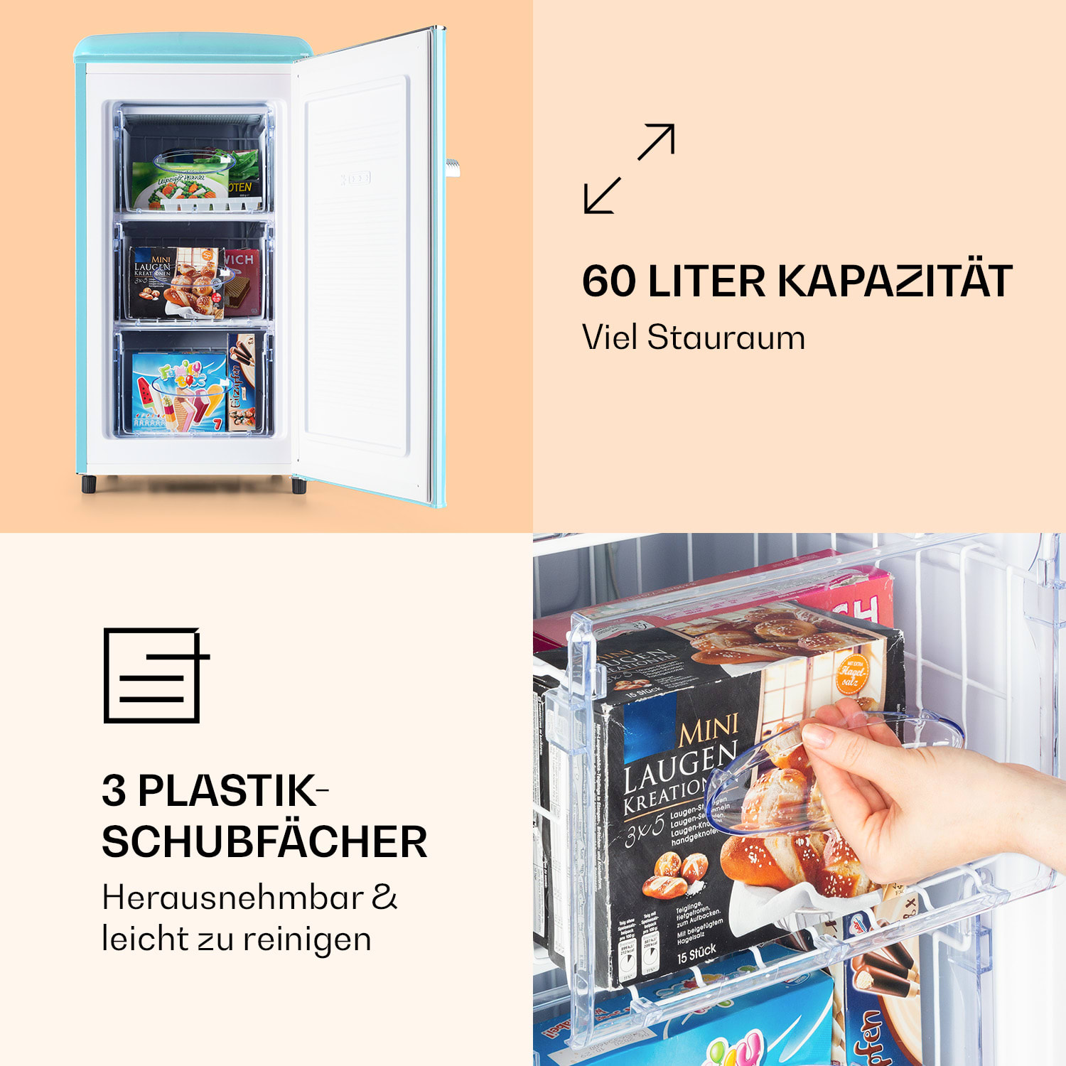 Mini frigo con porta aperta. Tre ripiani con cibo. Dettagli di testo e mano.