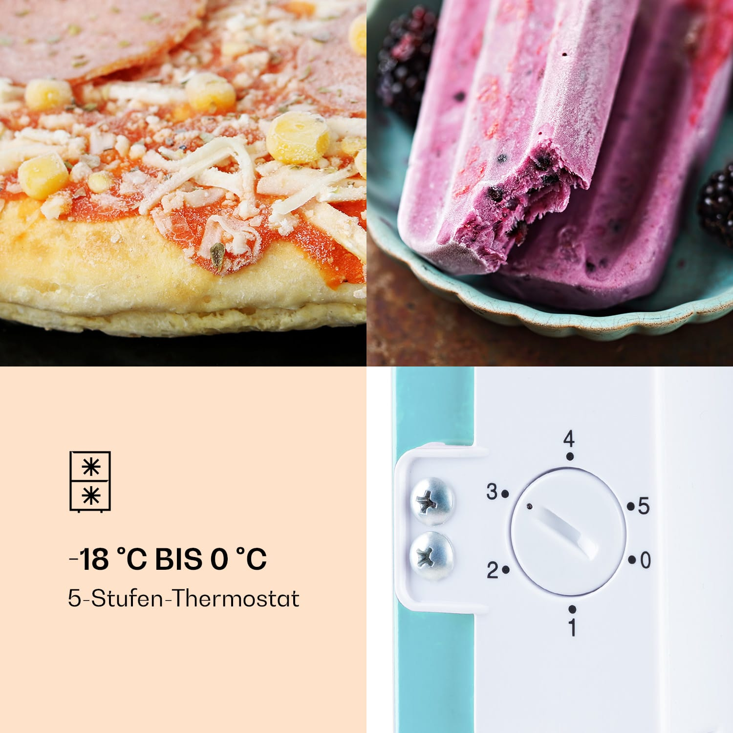 Pizza surgelata, ghiacciolo e quadrante del termostato.