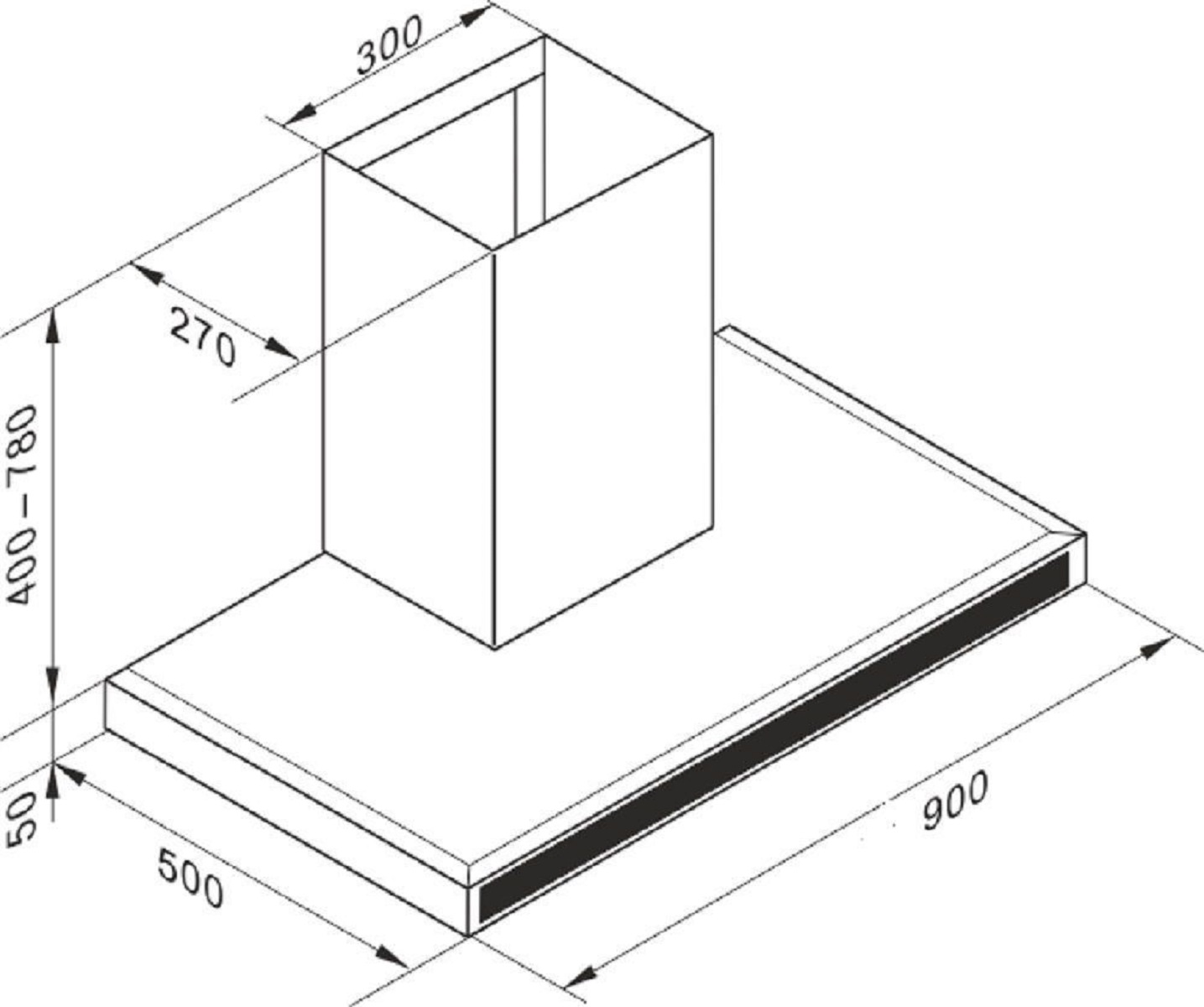 Eine technische Zeichnung einer Dunstabzugshaube mit Maßangaben in Millimetern.