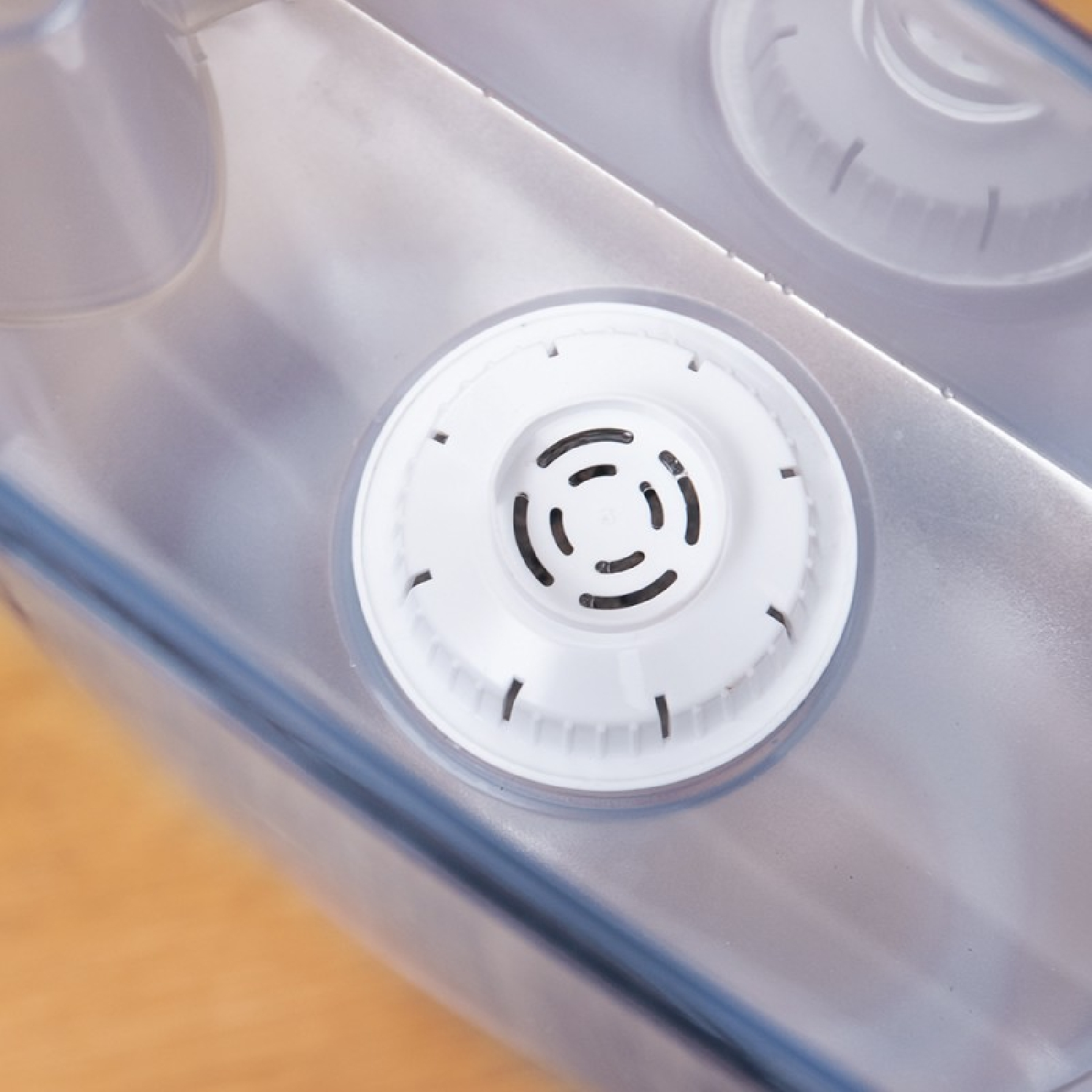 Un oggetto circolare bianco con fori all'interno di un contenitore trasparente.