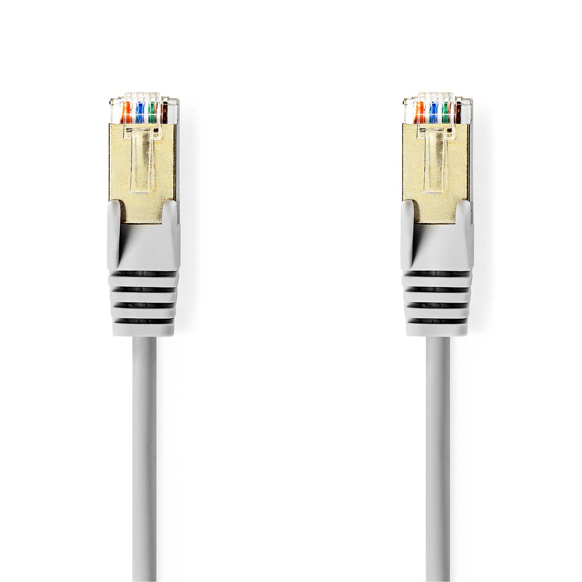 Due cavi di rete grigi con connettori dorati su sfondo bianco.