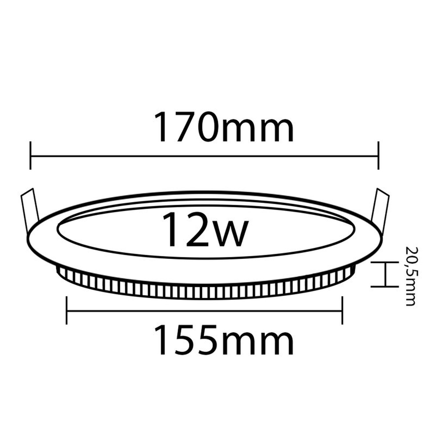 Diagramm einer runden 12W LED-Leuchte. Enthält Maße: 170mm, 155mm und 20,5mm.