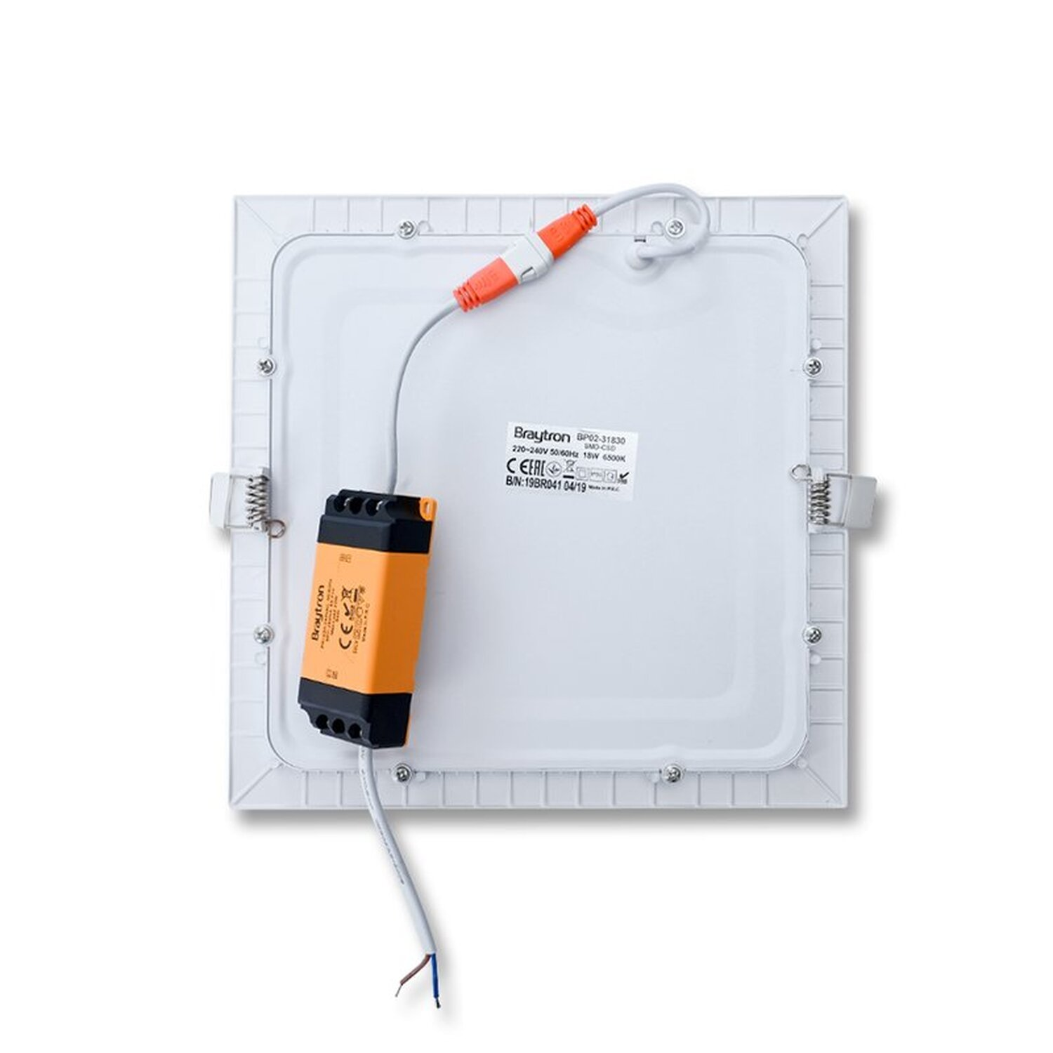 Rückseite eines weißen quadratischen LED-Panels mit angebrachten Drähten und einer orange-schwarzen Komponente.