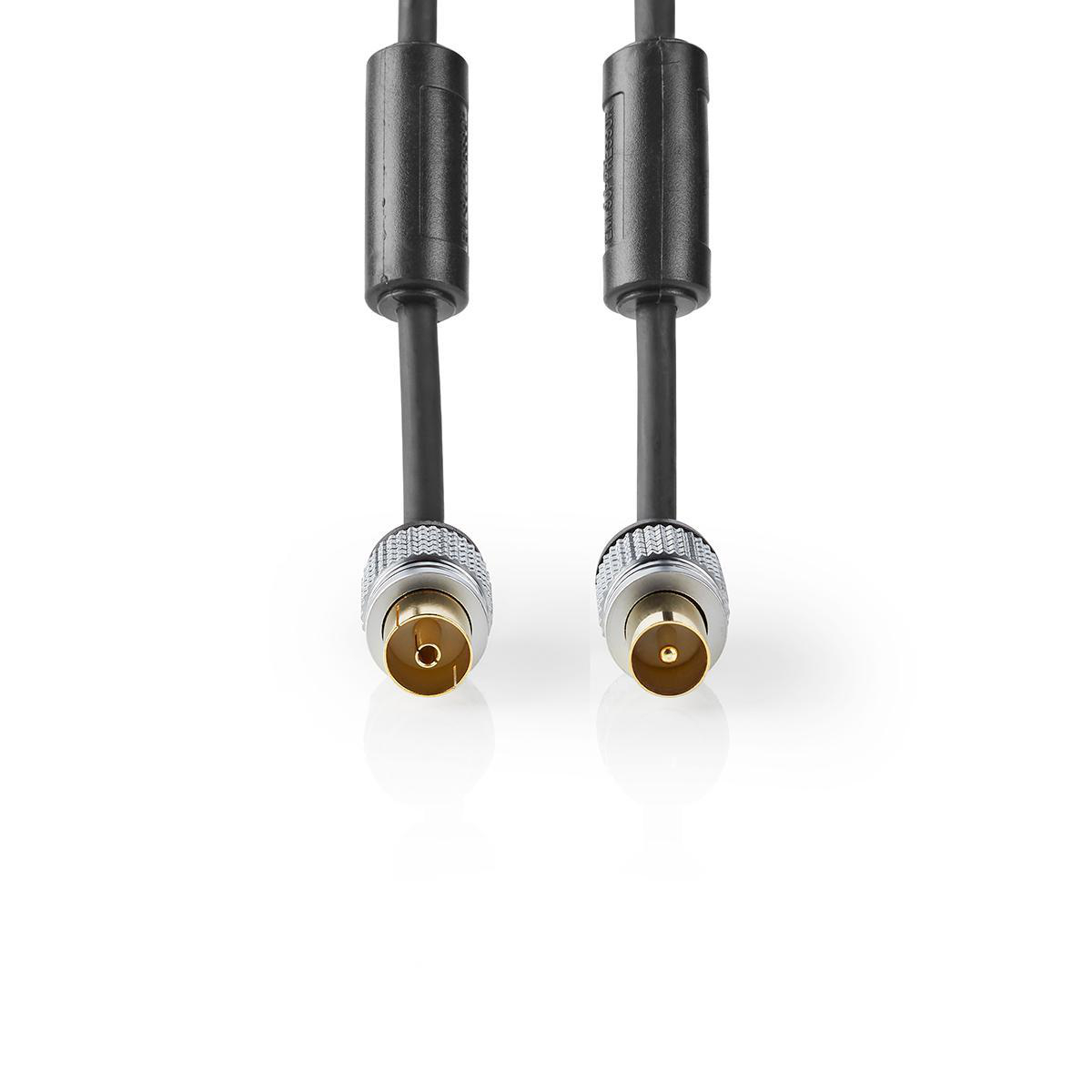 Dos cables coaxiales negros con conectores. Los conectores son plateados con pines dorados.