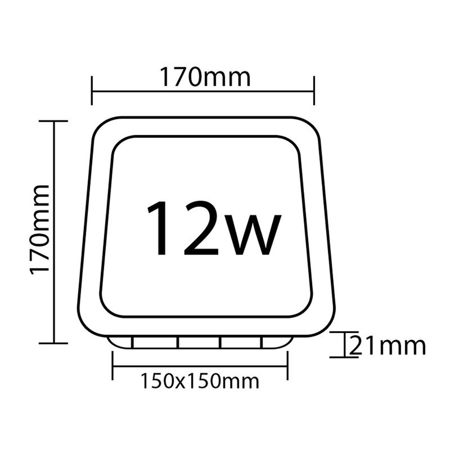 Diagramm einer quadratischen LED-Leuchte mit Maßen und Leistung (12W). Text in Schwarz auf weißem Hintergrund.