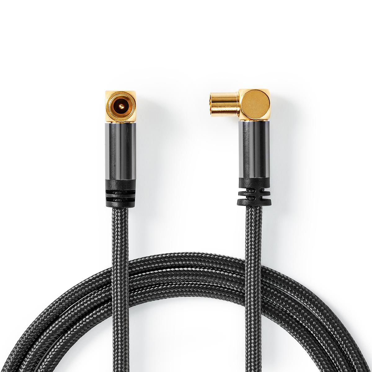 Schwarzes Kabel mit Goldsteckern. Weißer Hintergrund. Stecker sind abgewinkelt.
