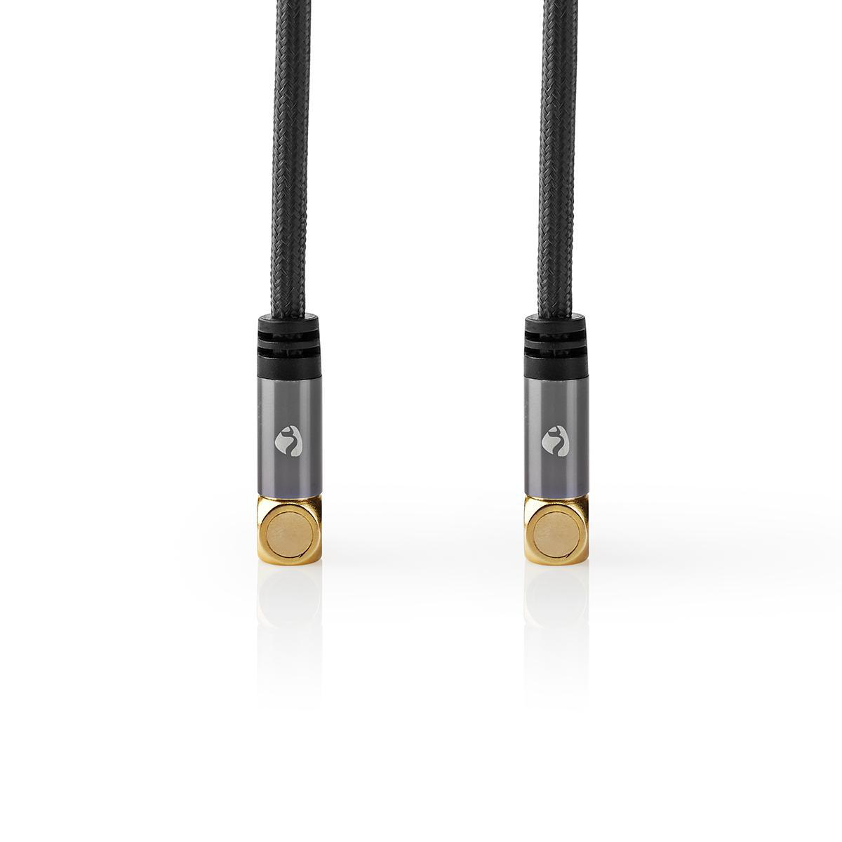 Zwei schwarz-graue Kabel mit goldenen Steckern liegen auf weißem Grund.