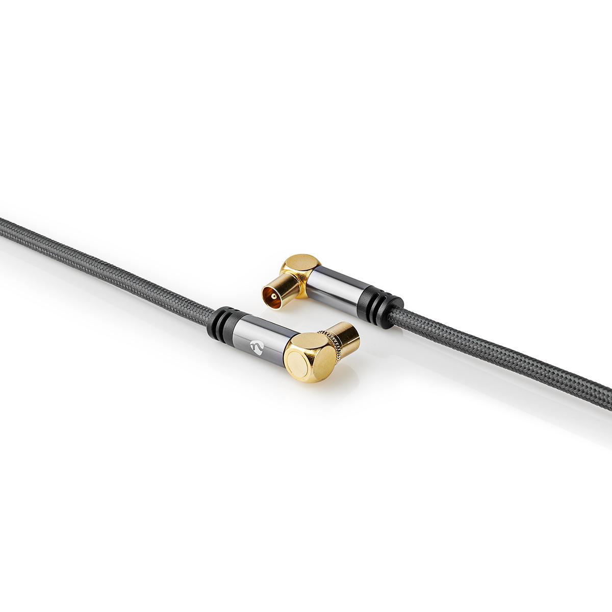 Zwei abgewinkelte Koaxialstecker mit goldfarbenen Enden und einem dunkelgrauen Kabel.