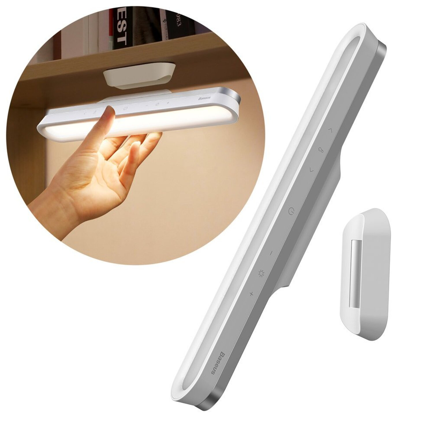 Een hand die reikt naar een witte LED-lichtbalk die onder een plank is gemonteerd, met bedieningsknoppen.