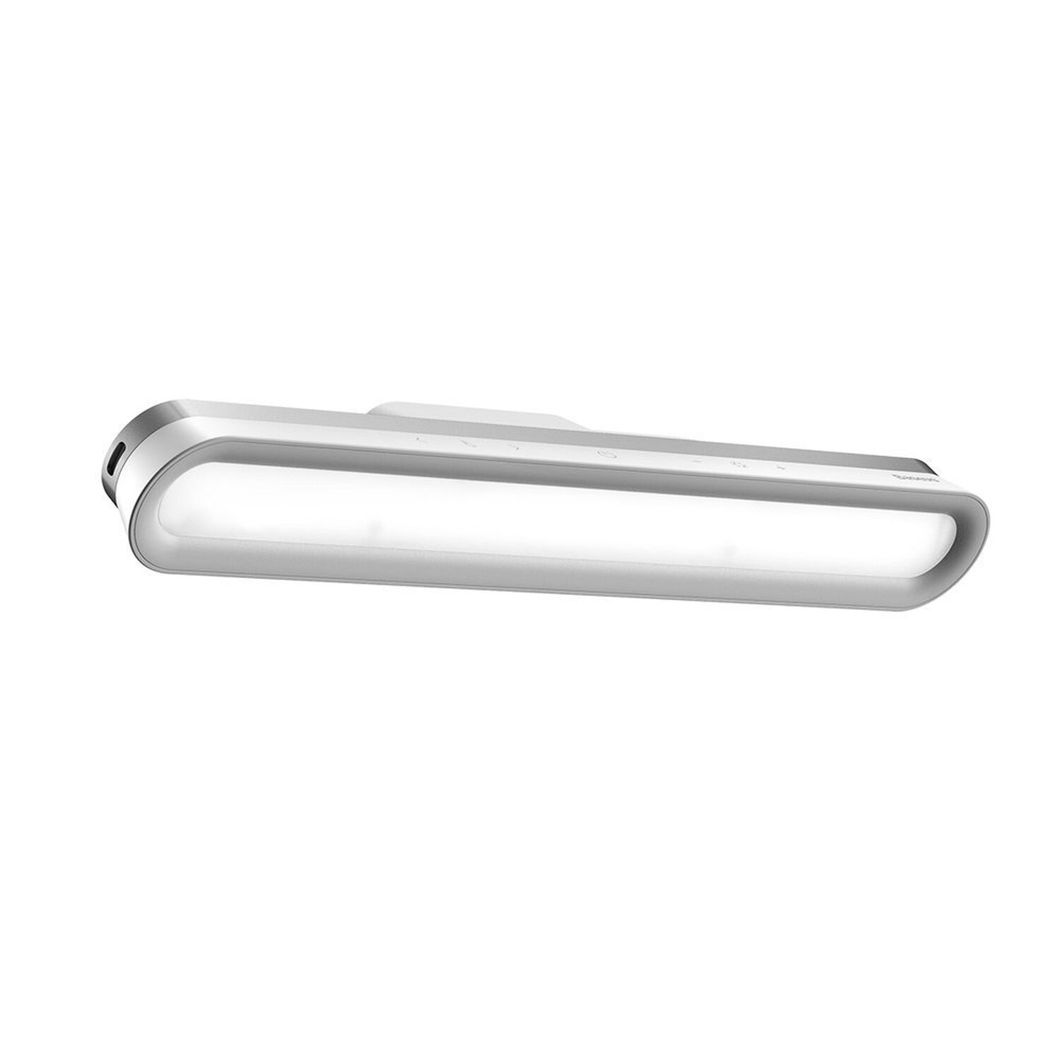 Een witte, rechthoekige lamp met een gebogen ontwerp. Het licht staat op een witte achtergrond.