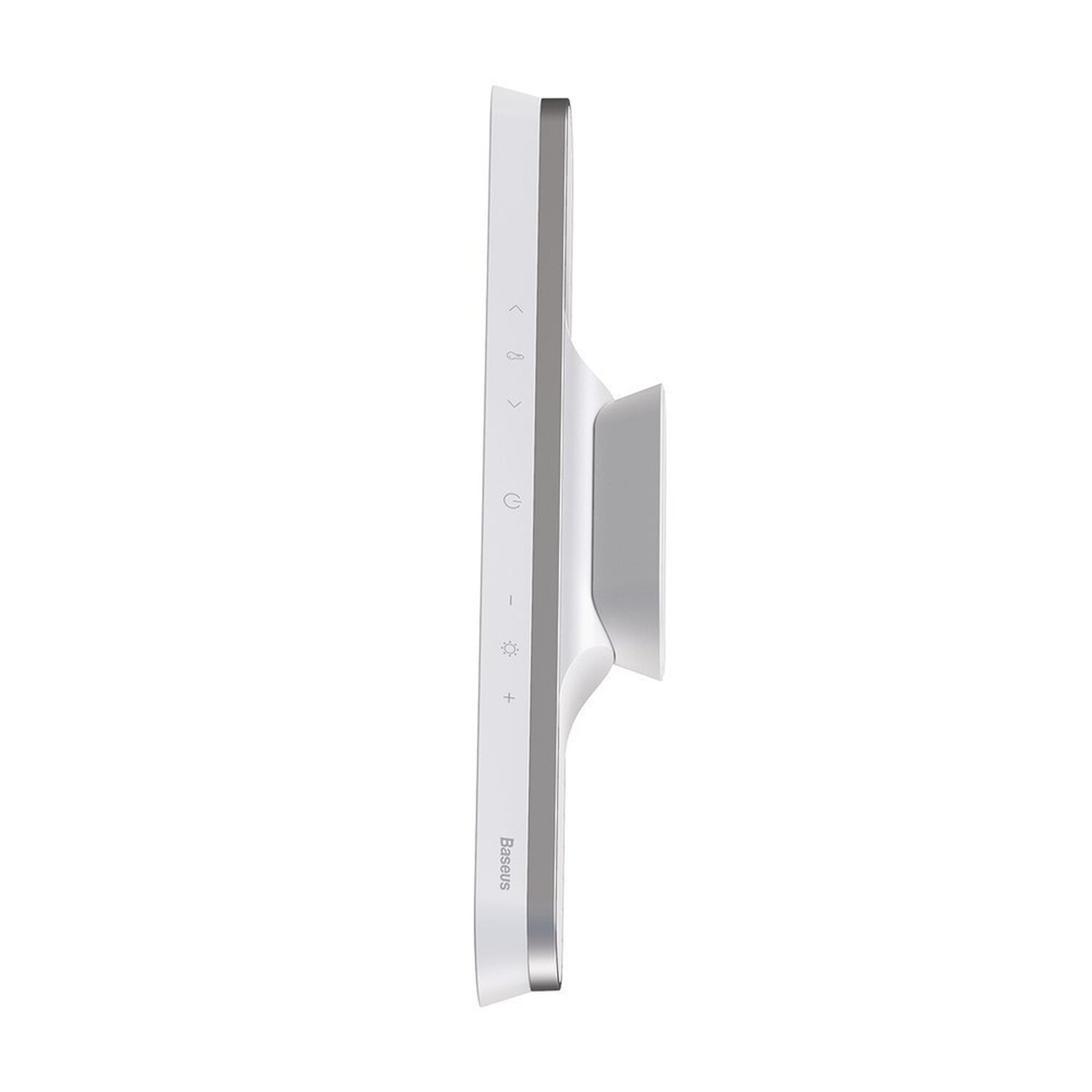 Een zijaanzicht van een witte computermonitor met bedieningsknoppen en het merk 'Baseus'.
