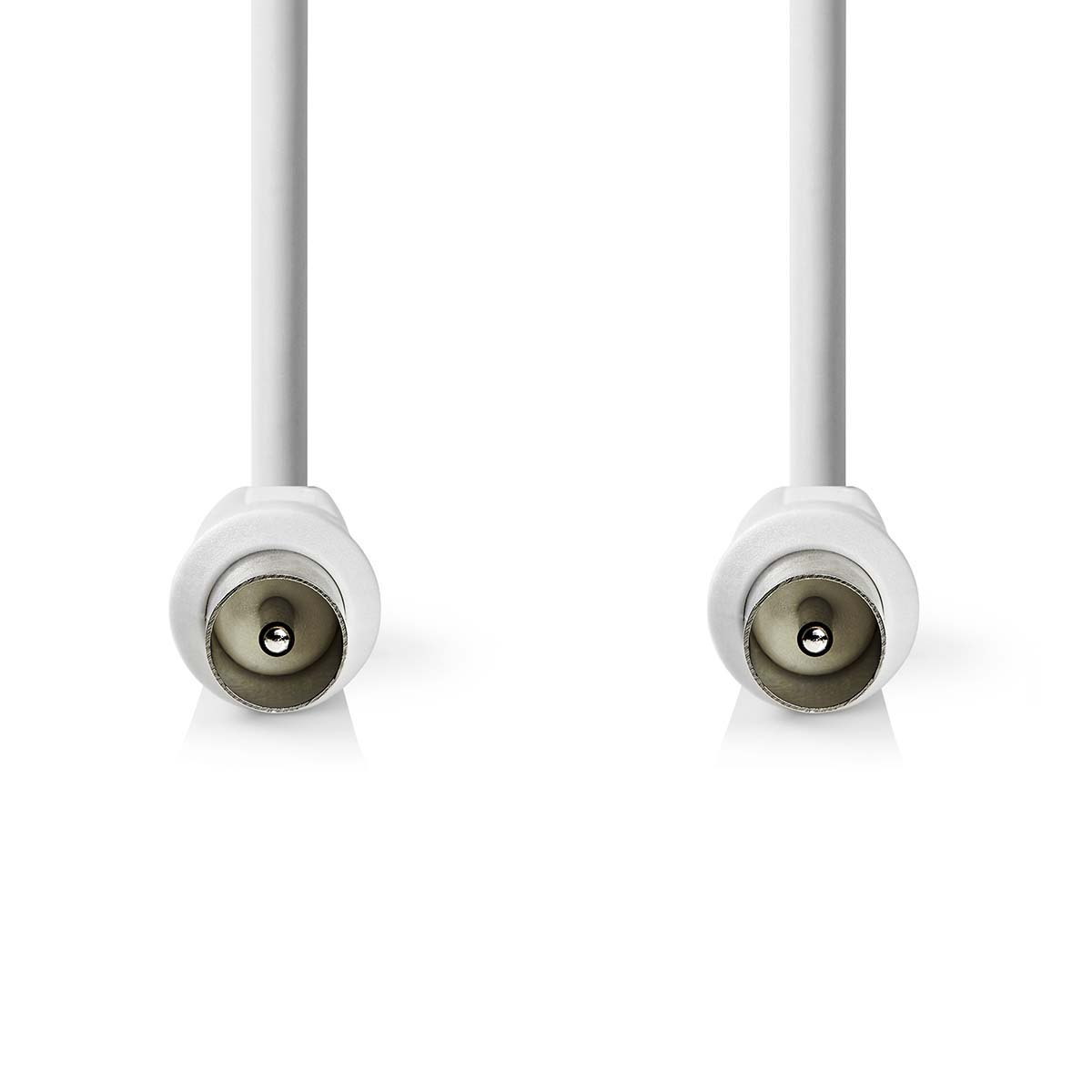 Zwei weiße Koaxialkabelstecker auf weißem Hintergrund.