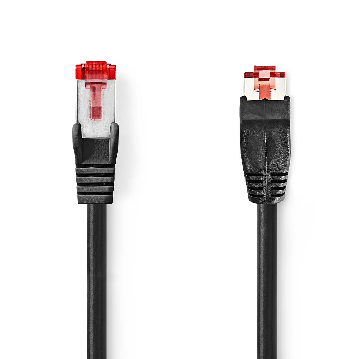 Deux câbles Ethernet noirs avec connecteurs rouges, isolés sur fond blanc.