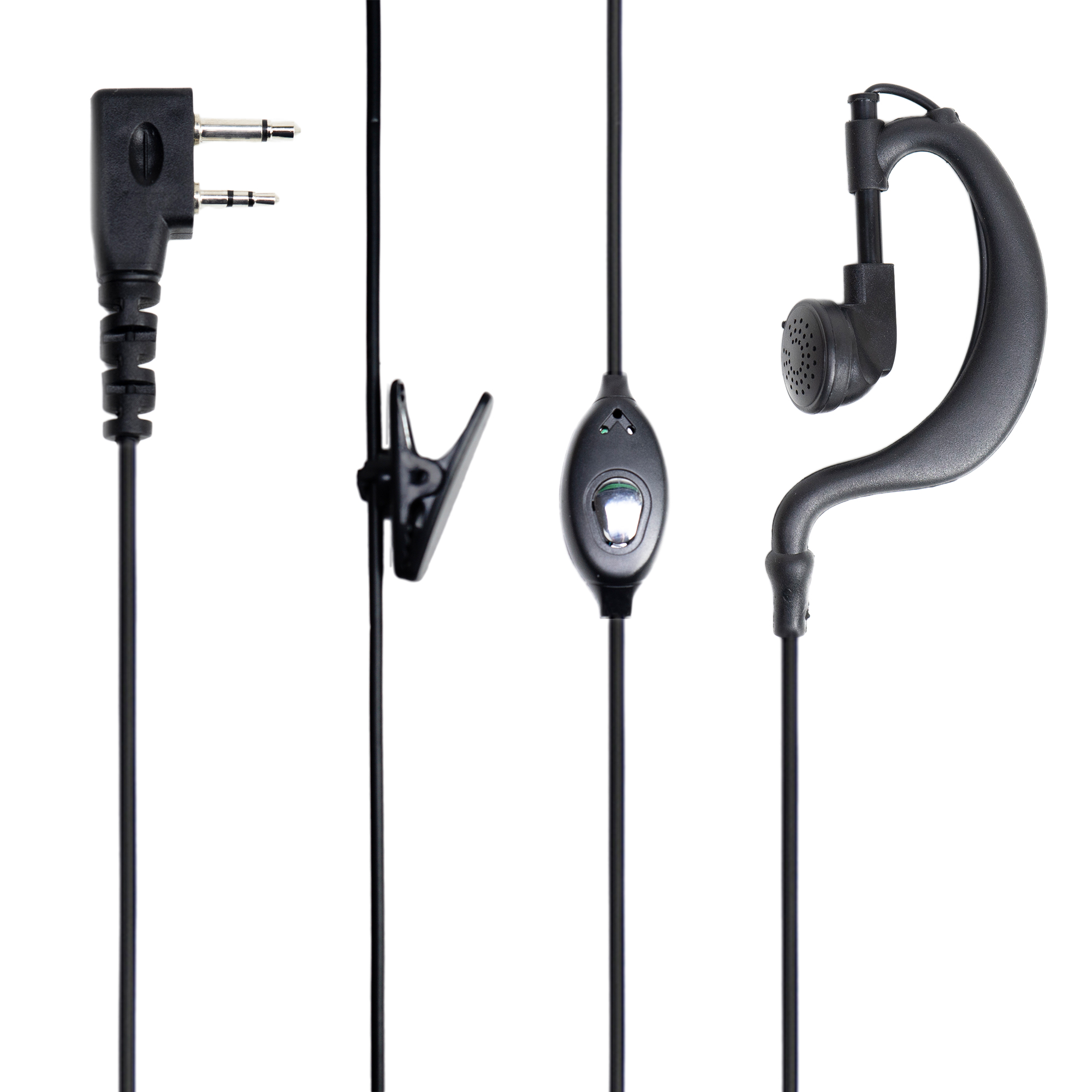 Schwarzes Headset für ein Walkie-Talkie. Enthält einen Clip und ein Mikrofon.