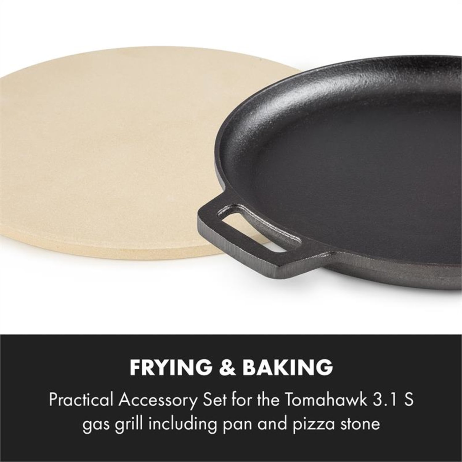 Una padella nera e una pietra per pizza. È un set per una griglia. La padella è per friggere.