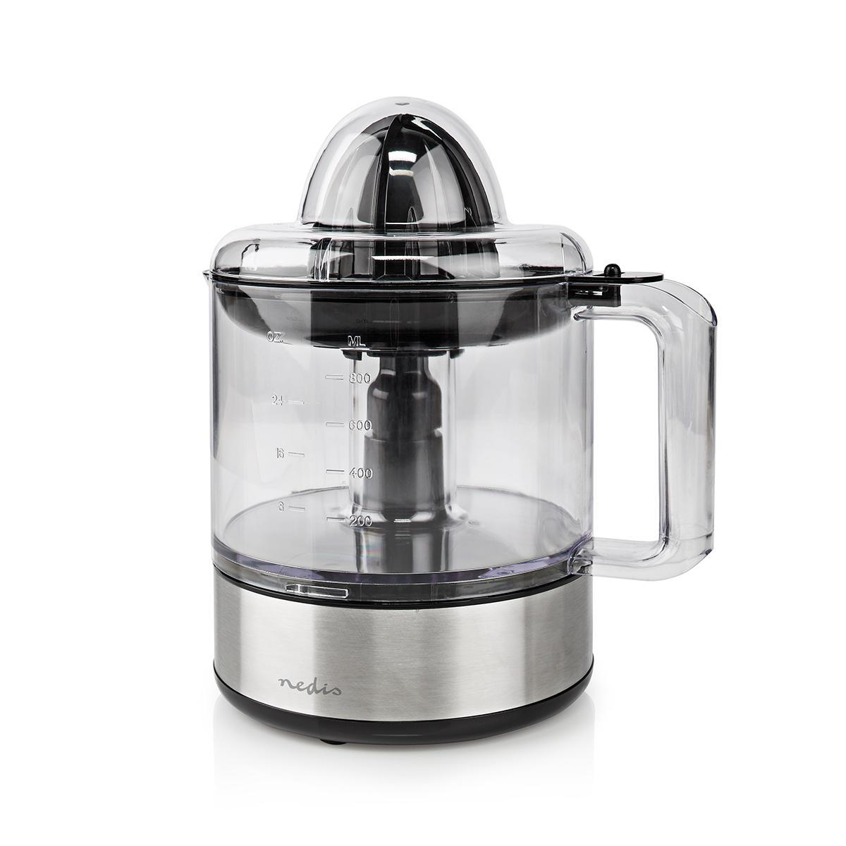 Uno spremiagrumi elettrico trasparente. Base in acciaio inox con parti trasparenti.