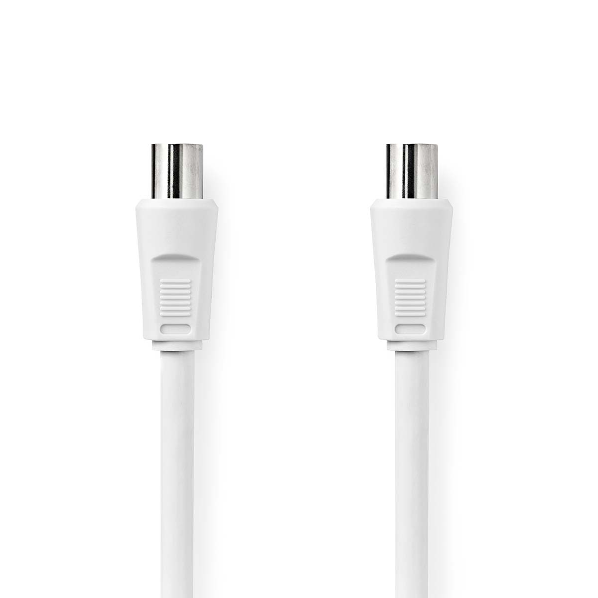 Dos conectores de cable coaxial blancos. Tienen clavijas plateadas y cuerpos de plástico blanco.